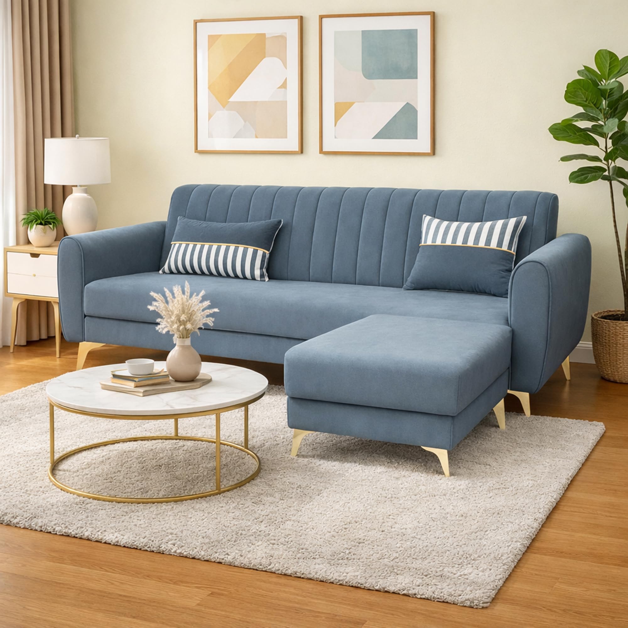 Adorn India Premium Luster 4 Seater L Shape Sofa Set | Velvet Suede Fabric | 3-Year Warranty | Color Grey with Golden Legs & Striped Pattern Cushion-image-41