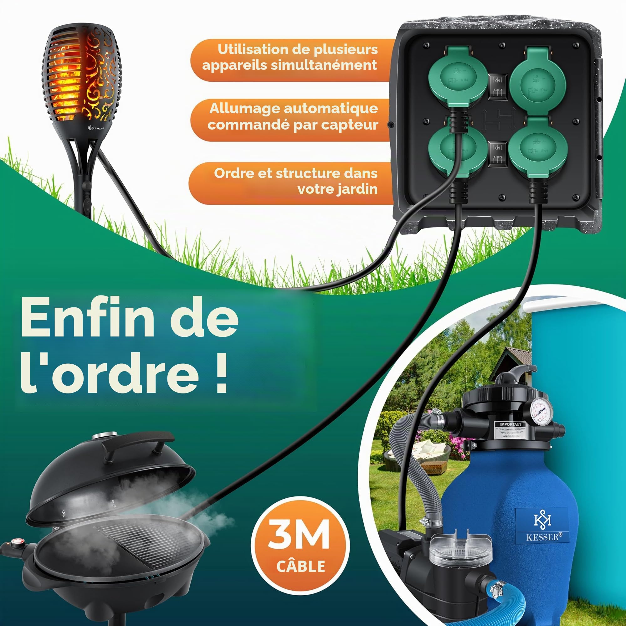 KESSER® Prise de jardin aspect pierre 4 prises - Prise extérieure étanche IP44 - Prise multiple pour extérieur jardin terrasse avec capteur crépusculaire - Câble de 3 m - 3680 W - 16 A + kit de