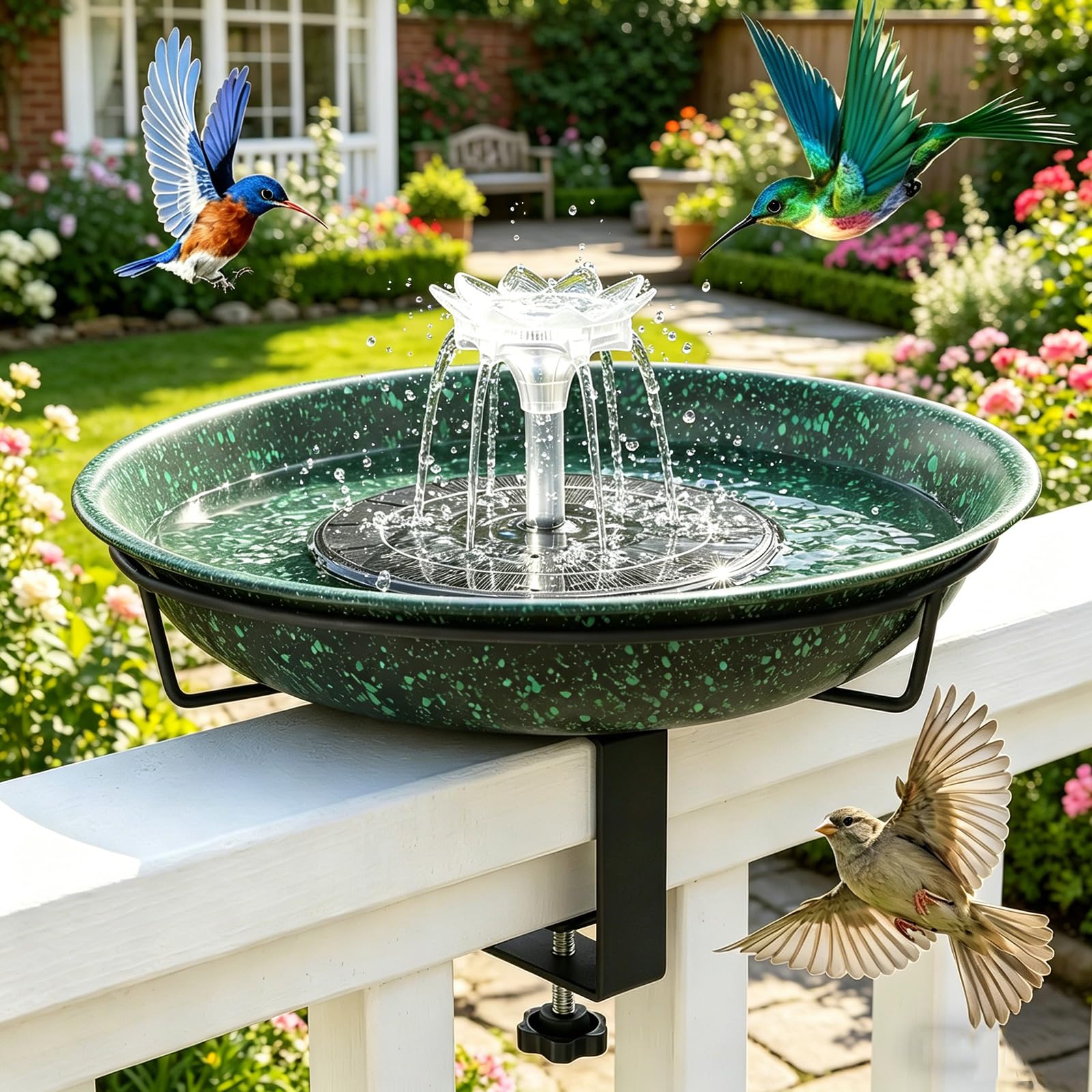 Yiabivo Deck Mounted Bird Bath with Fountain,Solar Railing Bird Bath Fountains for Hummingbirds,Adjustable Metal Durable Deck Bird Bath Holder for Outdoor Railings, Patio Deck,Garden