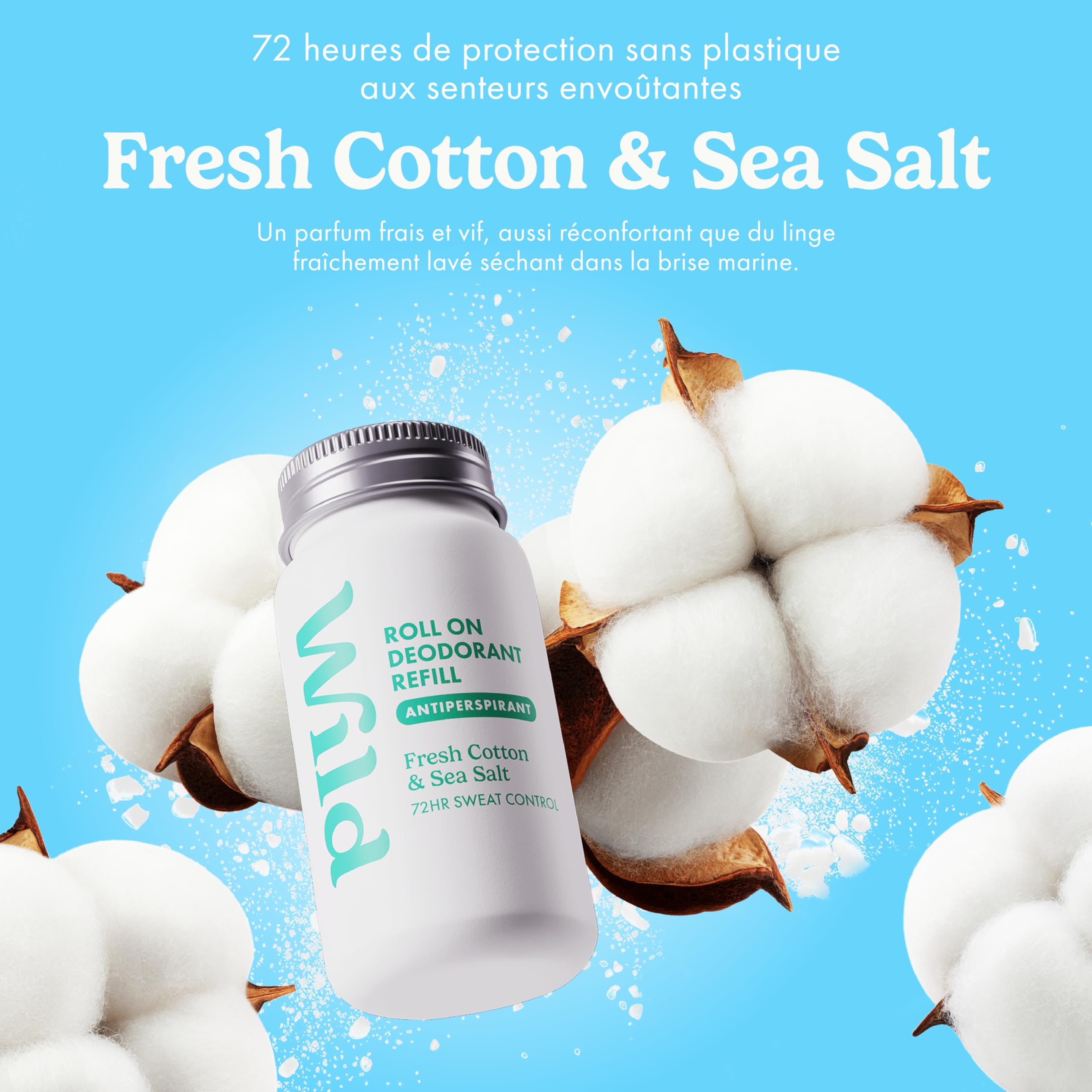 Wild Kit de Déodorant Anti-Transpirant Roll-On Rechargeable avec protection 72 heures - Étui bleu aqua avec recharges Honey & Cactus Flower, Cotton & Sea Salt and Coconut & Vanilla - 90% naturel