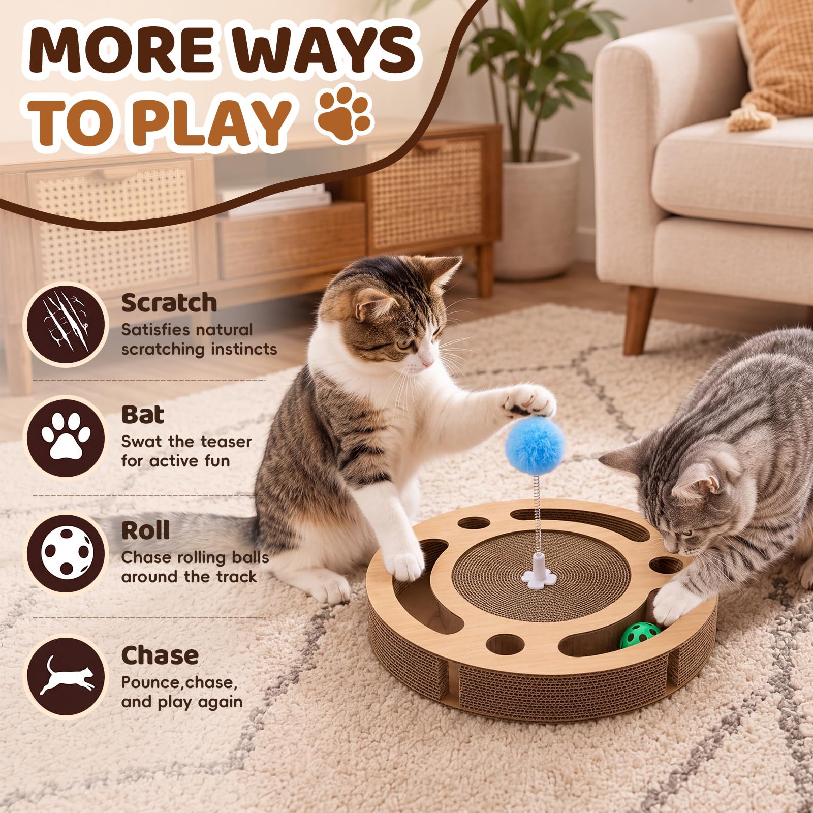 Pinkunn Lot de 3 tapis à gratter pour chat avec 2 boules cloches et 3 baguettes à ressort pour chat, pour l'intérieur, jouet anti-stress, exercice, protection des meubles