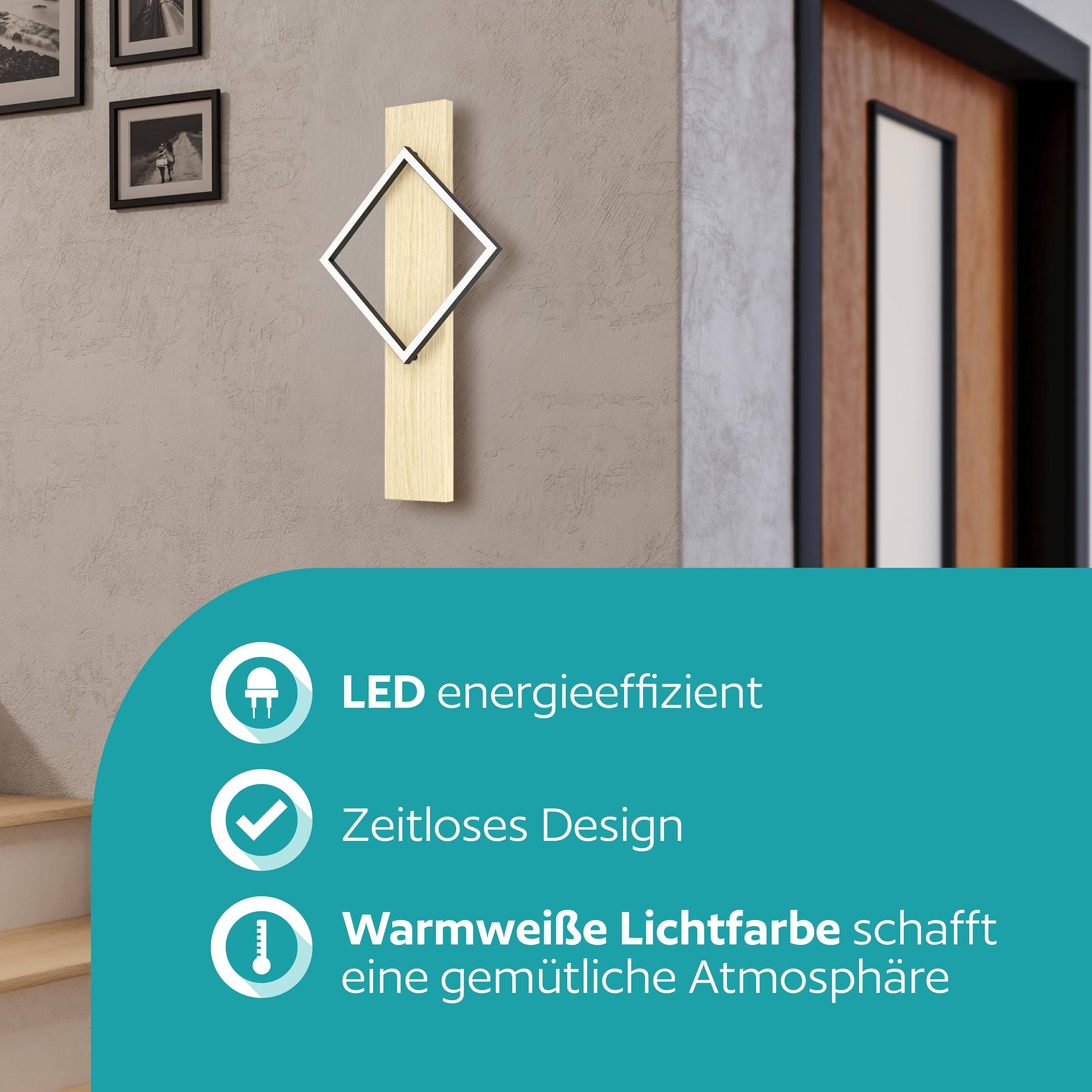 EGLO LED Wandlampe innen Boyal, Wandleuchte mit Holzbalken | Flurlampe Wand aus einem hellem Holz und schwarzem Metall, Wandstrahler FSC zertifiziert, warmweiß, 56 cm