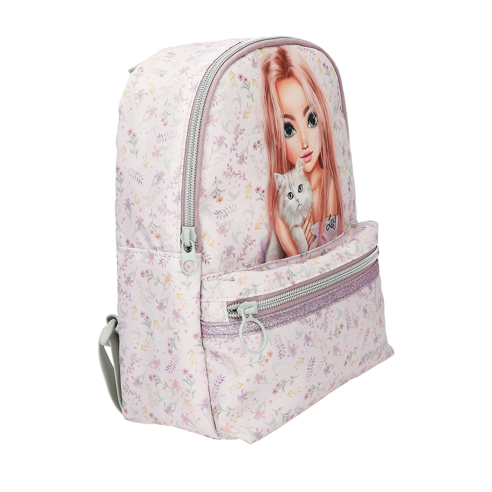 Depesche 13962 TOPModel Blooming Kitty - Rucksack in Flieder, mit Model-Katze-Motiv und Blumenmuster, Tasche mit verstellbaren Trägern