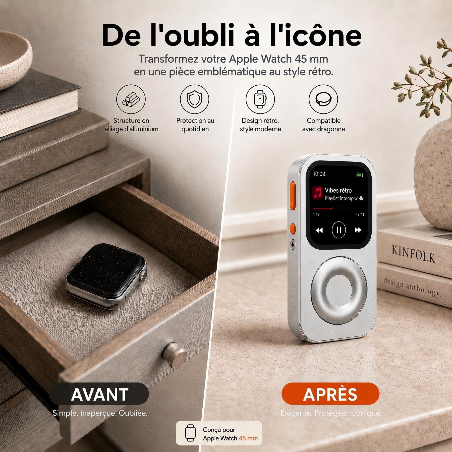 Coque de Protection en Alliage d'Aluminium Style Rétro iPod pour Apple Watch Series 7/8/9, avec Molette de Clic, Kit Music Player Compatible avec AirPods, pour iWatch 45 mm