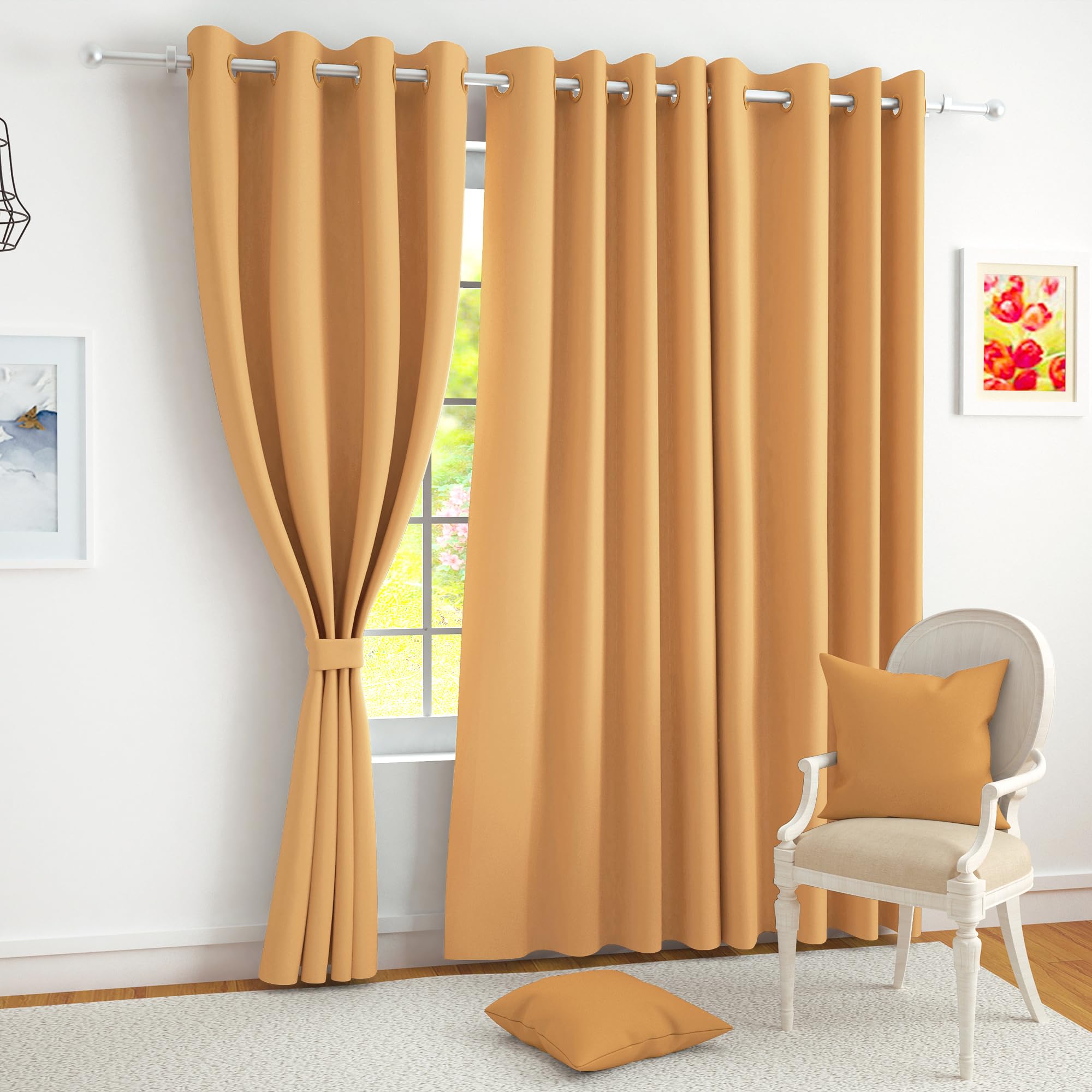 Story@Home 100% True Blackout Semi Long Door Curtains 8 Feet Set of 2 | Plain Design | Room Darkening Curtain | Thermal Insulated Curtains for Living Room, Bedroom | (116 x 242 cm, Mustard)