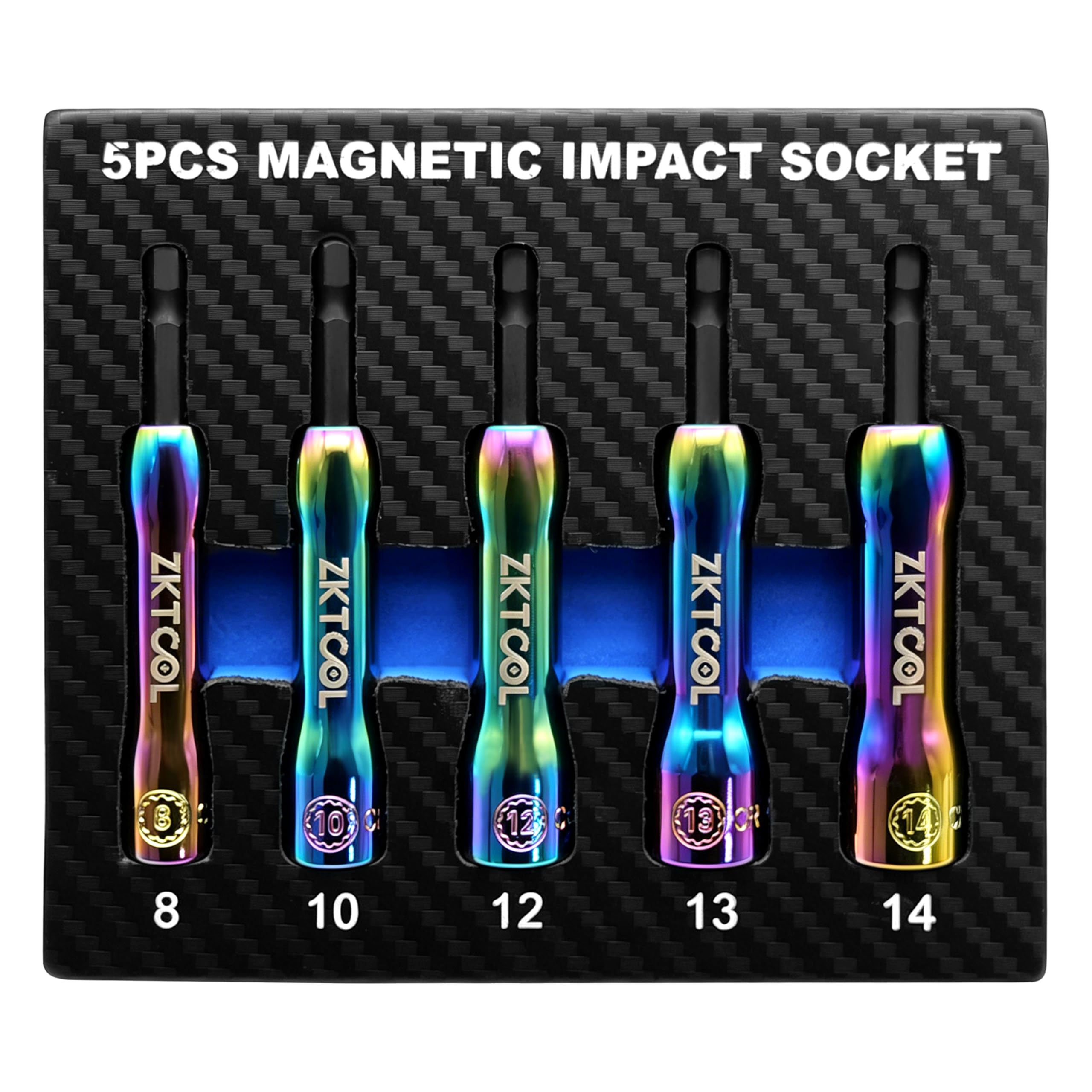 ZKTOOL 5 Pezzi Set di Bussole Magnetiche a Impatto | Adattatore per Bussola per Cacciavite con Attacco Esagonale da 1/4", Bussola da 8-14 mm con Molla Retrattile Integrata