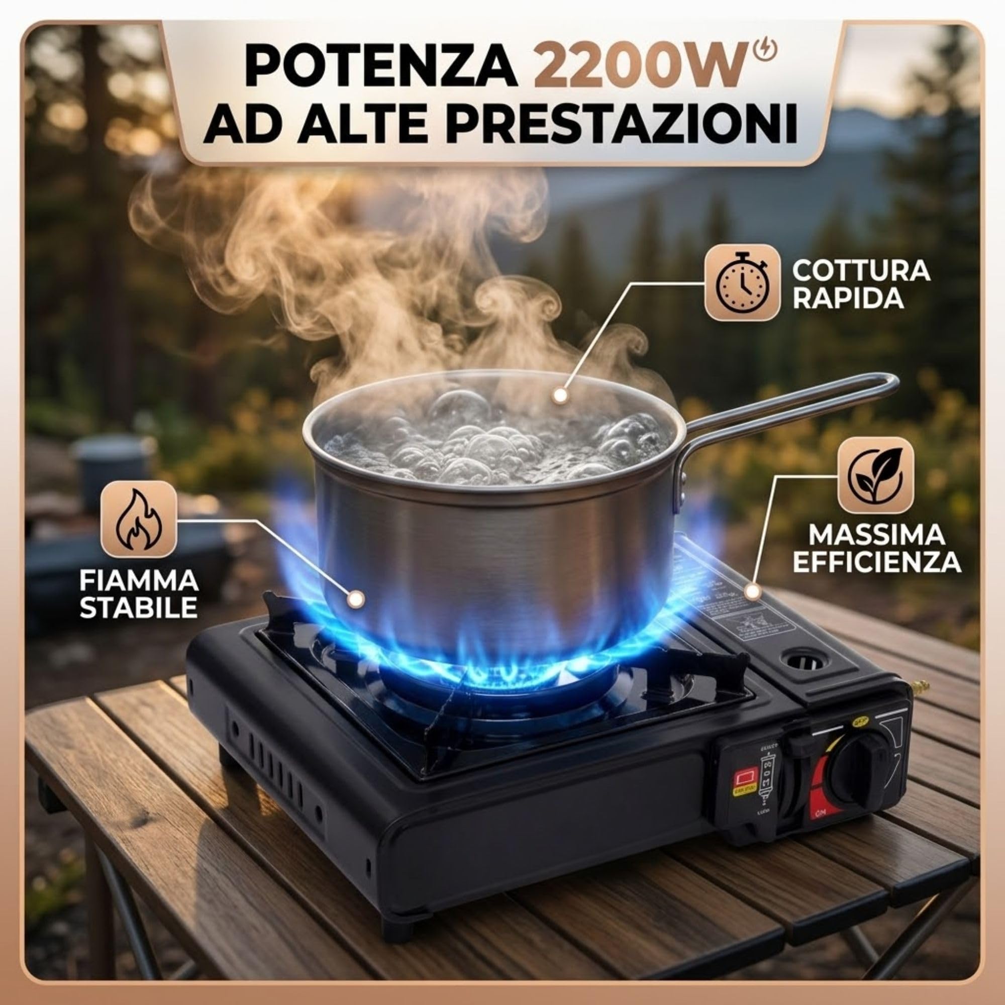 Fornello a Gas da Campeggio Portatile, Compatibile con Cartuccia Butano e Bombola GPL, Accensione Piezoelettrica, 2200W, Valigetta Inclusa, per Camper, Trekking, Picnic e Pesca