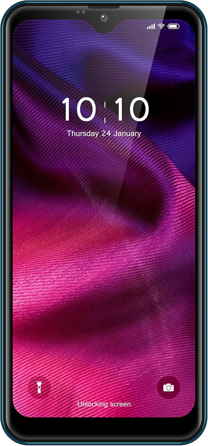 Depan view of Bmobile B60 Pro smartphone displaying the lock screen with time and date.