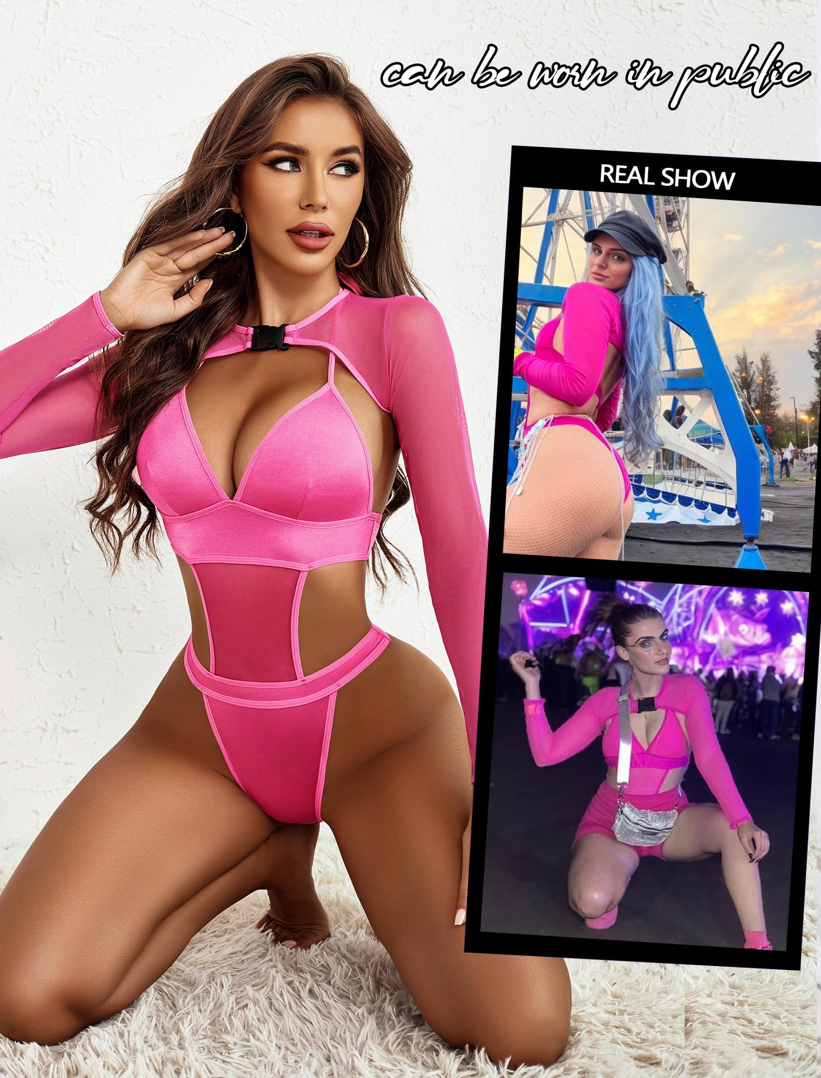 Avidlove Sexy Ensemble de Lingerie pour Femme Body Haut Court Ensemble Rave Tulle Hauts à Manches Longues Chic