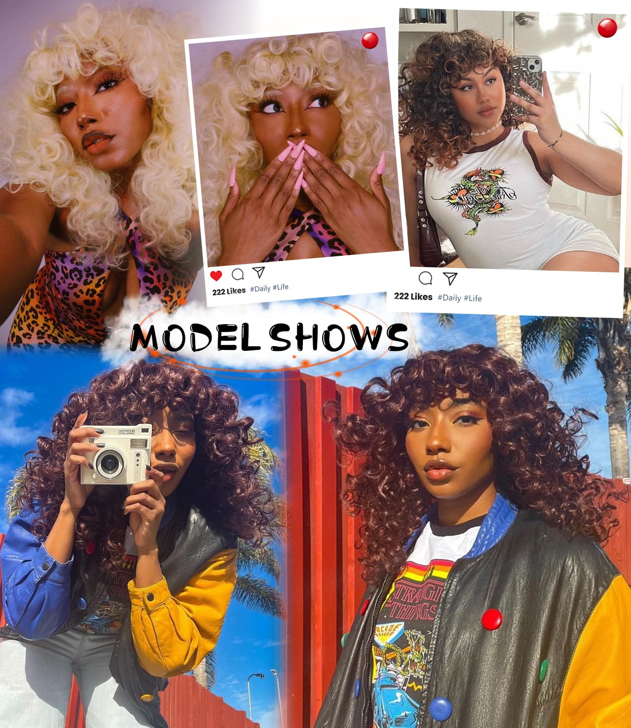 RunM Curly Wig with Bangs for Black Women Long Curly Afro Wig Big Bouncy Fluffy Synthetic Fiber Glueless Hair for Cosplay and Daily 17 Inch（Light Blonde） - Image 6