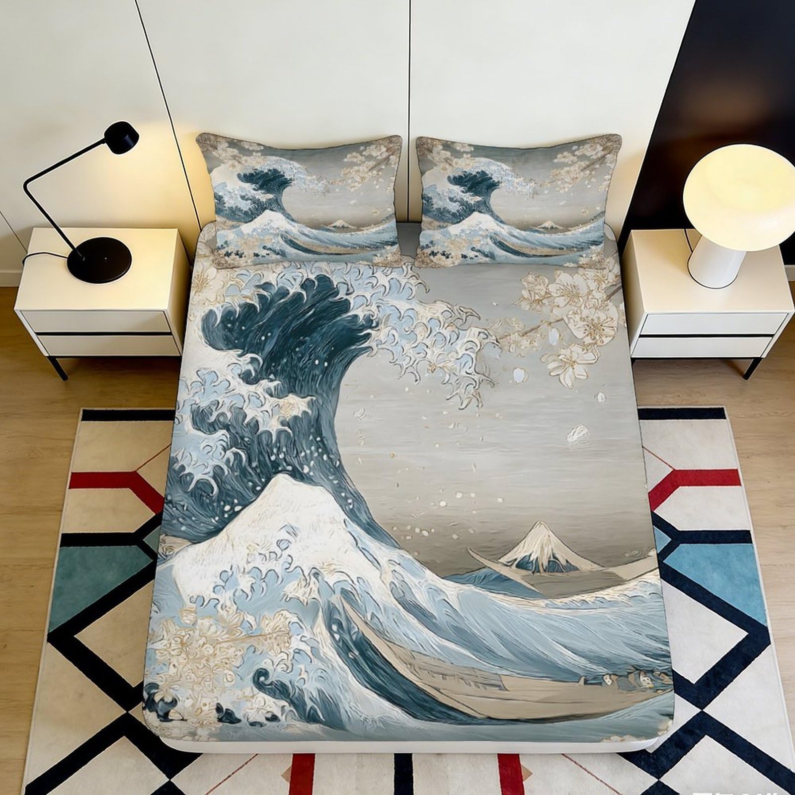 3D Printed Great Wave Fitted Sheet Microfiber Soft Blue Japanese Art Mount Fuji Mattress Cover for Bedroom Home Decor 90x200x25cm