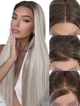 FAVE 13x4 HD Lace Front Wig 28" Ombre Wig Ash Blonde with Brown Wig Long Straight Synthetic Hair Pre-Plucked Hairline Heat-Resistant Glueless Lace Front Wigs for Women