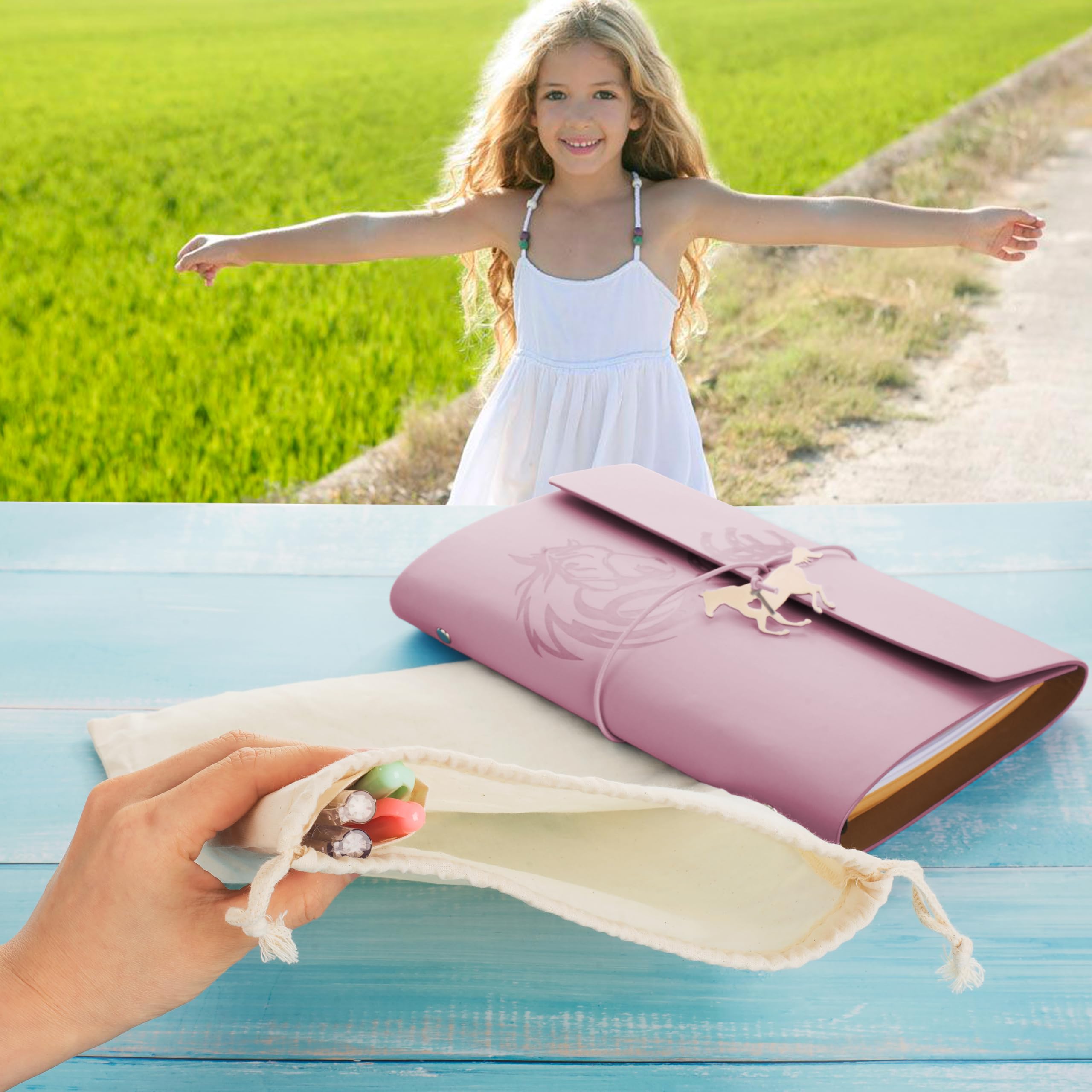 Cantik Horse Journal Notebook 7PC Set, Horse Notebook Gift For Girls & Women, PU Leather Refillable Diary With 4 Pens - Image 2