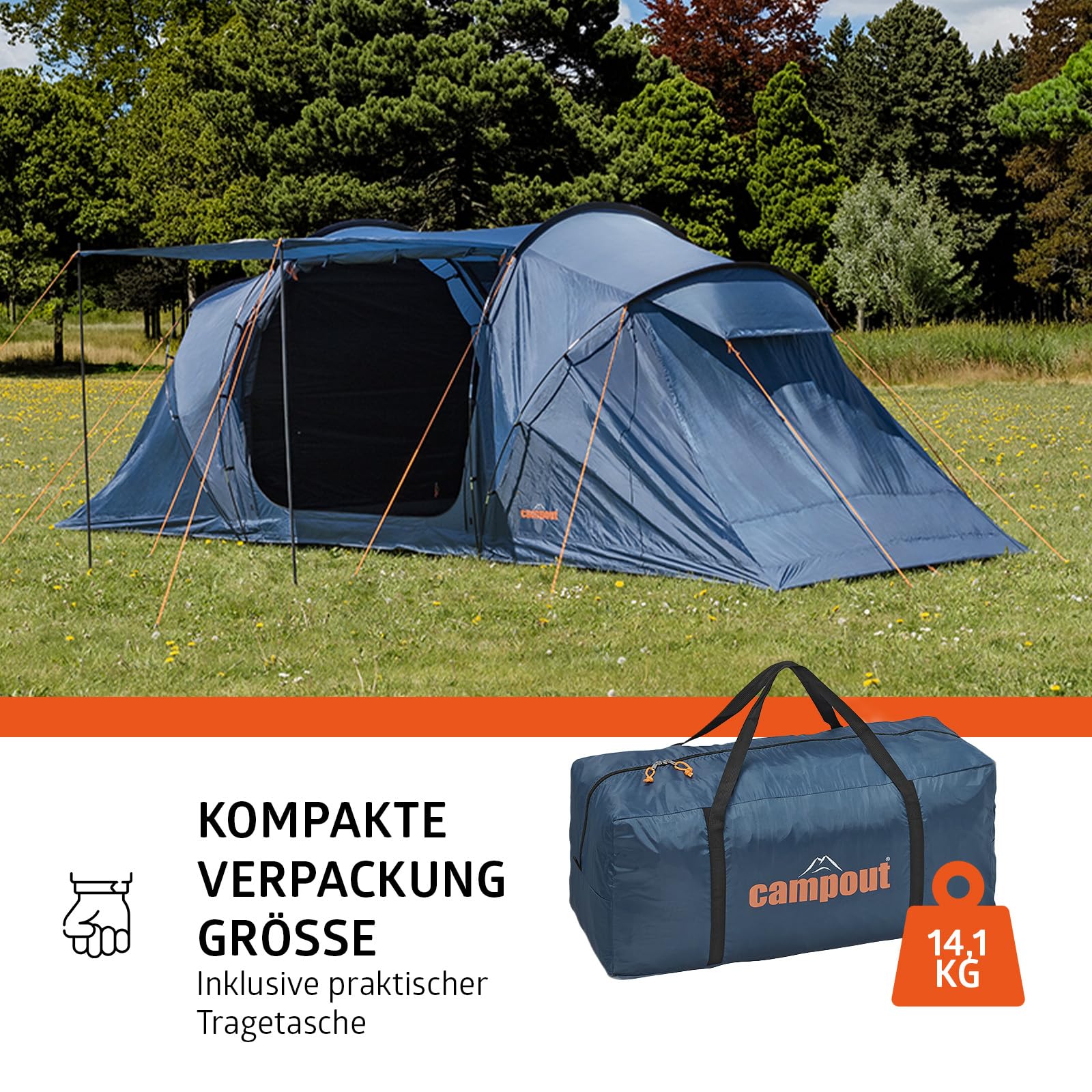 Campout 6-Personen Vis-à-Vis Kuppelzelt – 2 Schlafkabinen – 5000 mm Wassersäule – Wohnbereich – Aufbauzeit 15 Min – inkl. Vordachstangen, Heringen & Tragetasche