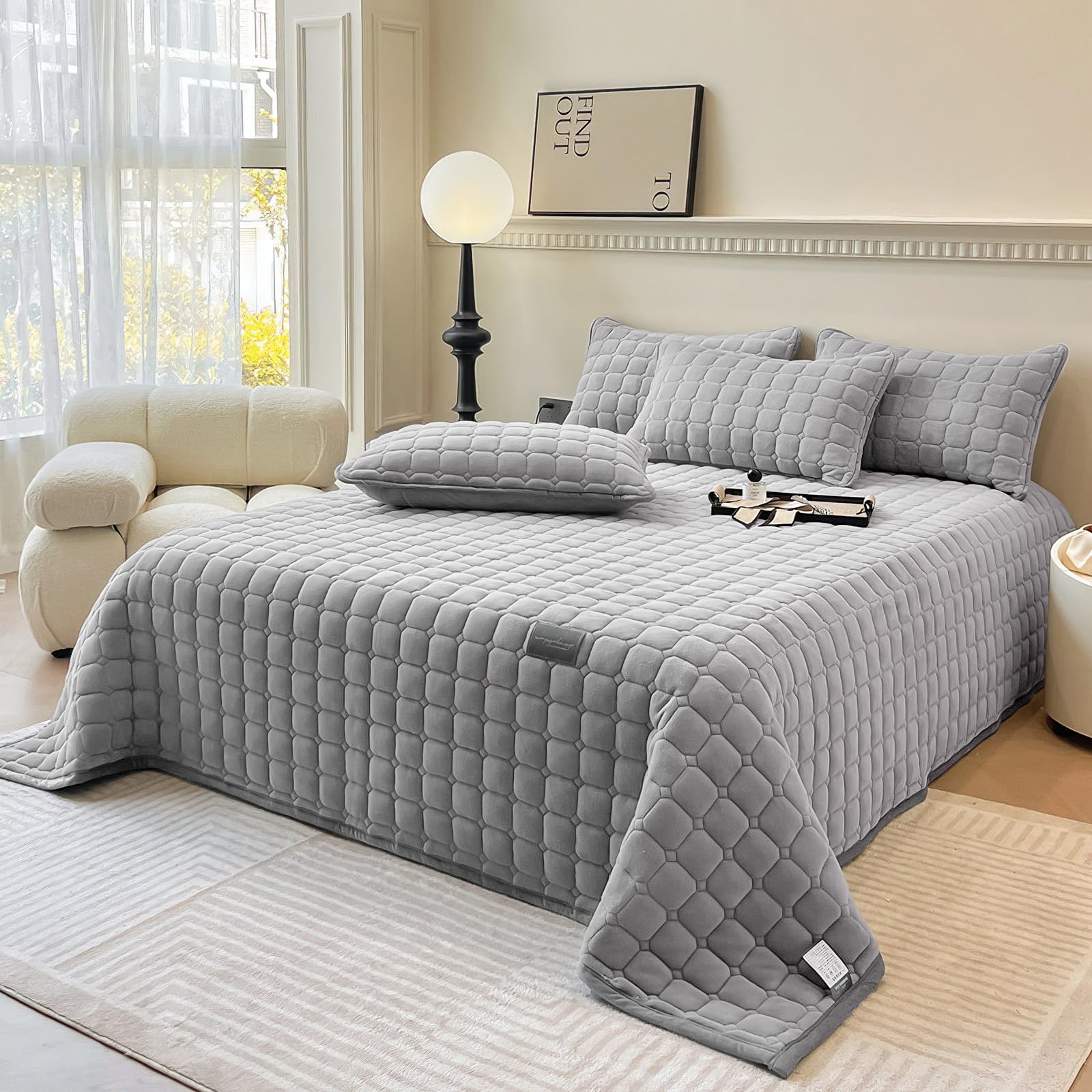 Extra Grande Edredón Cubrecama: Cubierta Versátil de Estilo Acolchado de Terciopelo de Leche 3 piezas 230 X 250 Cm con 2 Fundas de Almohada 50 X 70 Cm, para Dormitorio o Sala de Estar (Gris Claro)