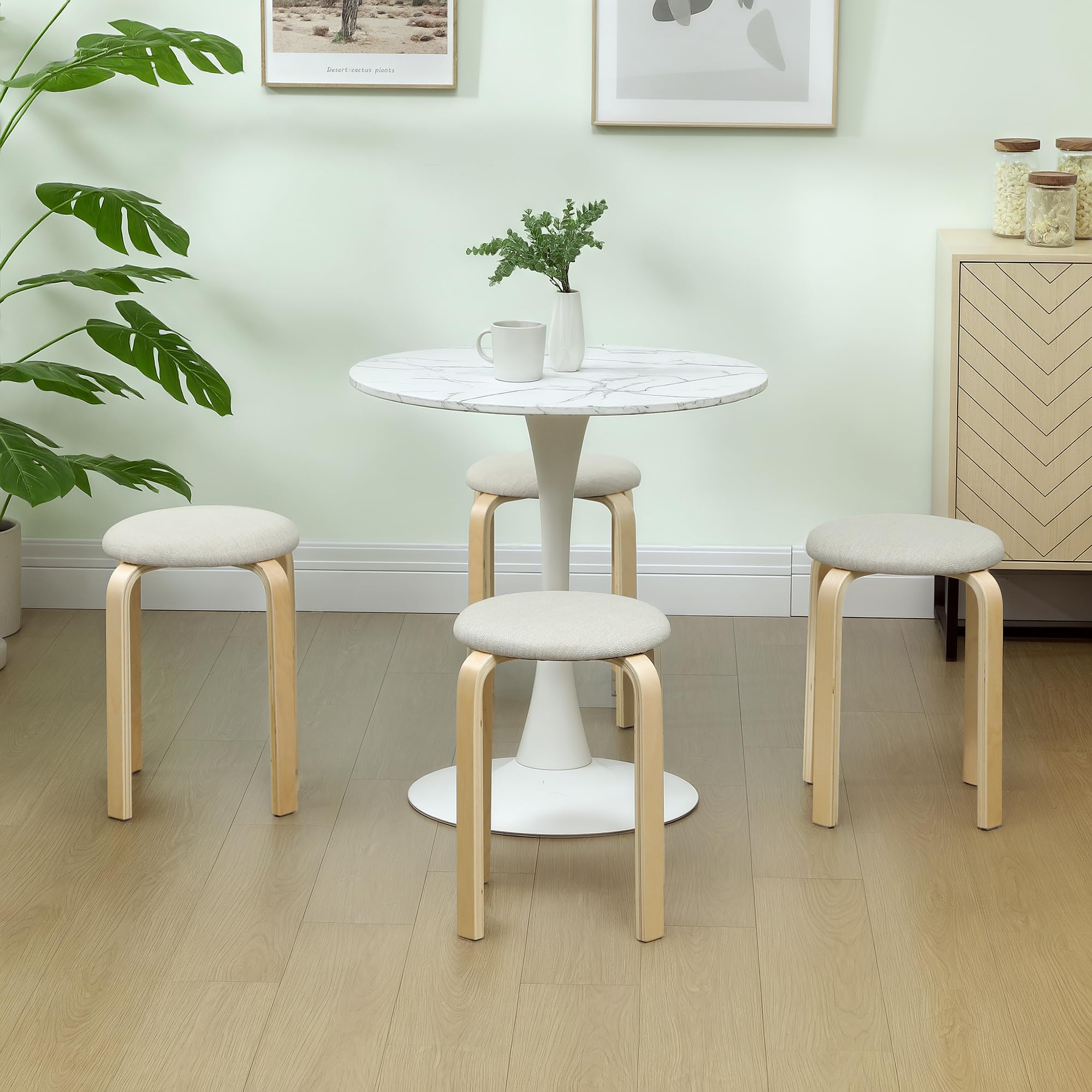 HOMCOM Esszimmerhocker 4er Set Stapelhocker für Esszimmer Cremeweiß | Aus Birkensperrholz, Hocker mit Leinenoptik, Küchenhocker, Polsterhocker, Wohnzimmer