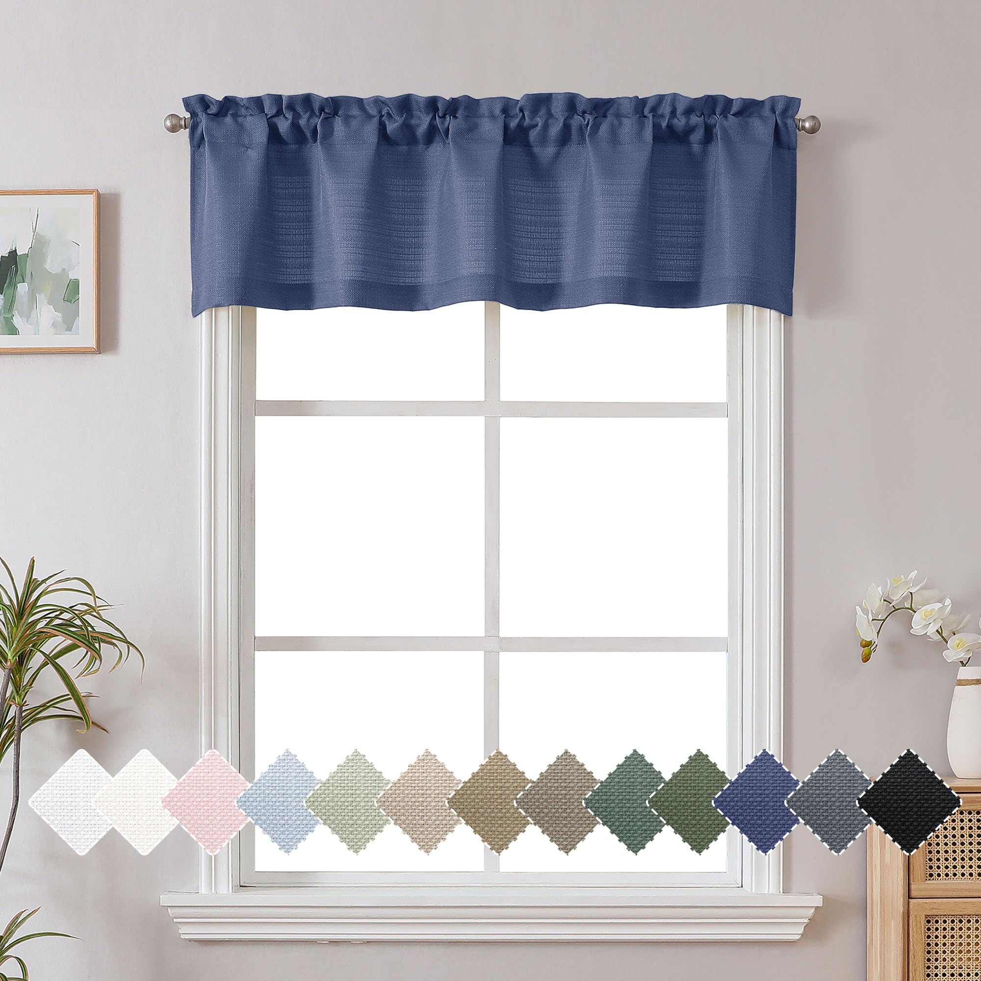 Navy Blue Faux Linen Window Valance - 60x14 Inch Light Filtering Short Curtain With Rod Pocket For Kitchen, Bathroom & Farmhouse - View #7