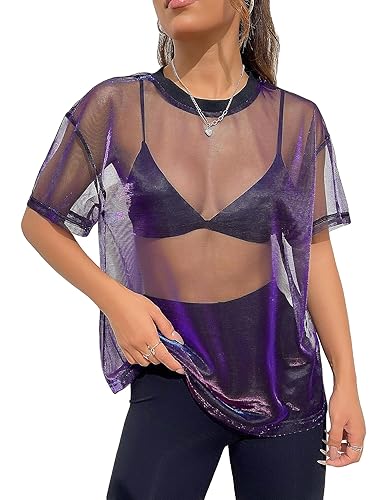 OYOANGLE T-Shirt See Through Top, Short Sleeve - Large - Black Purple