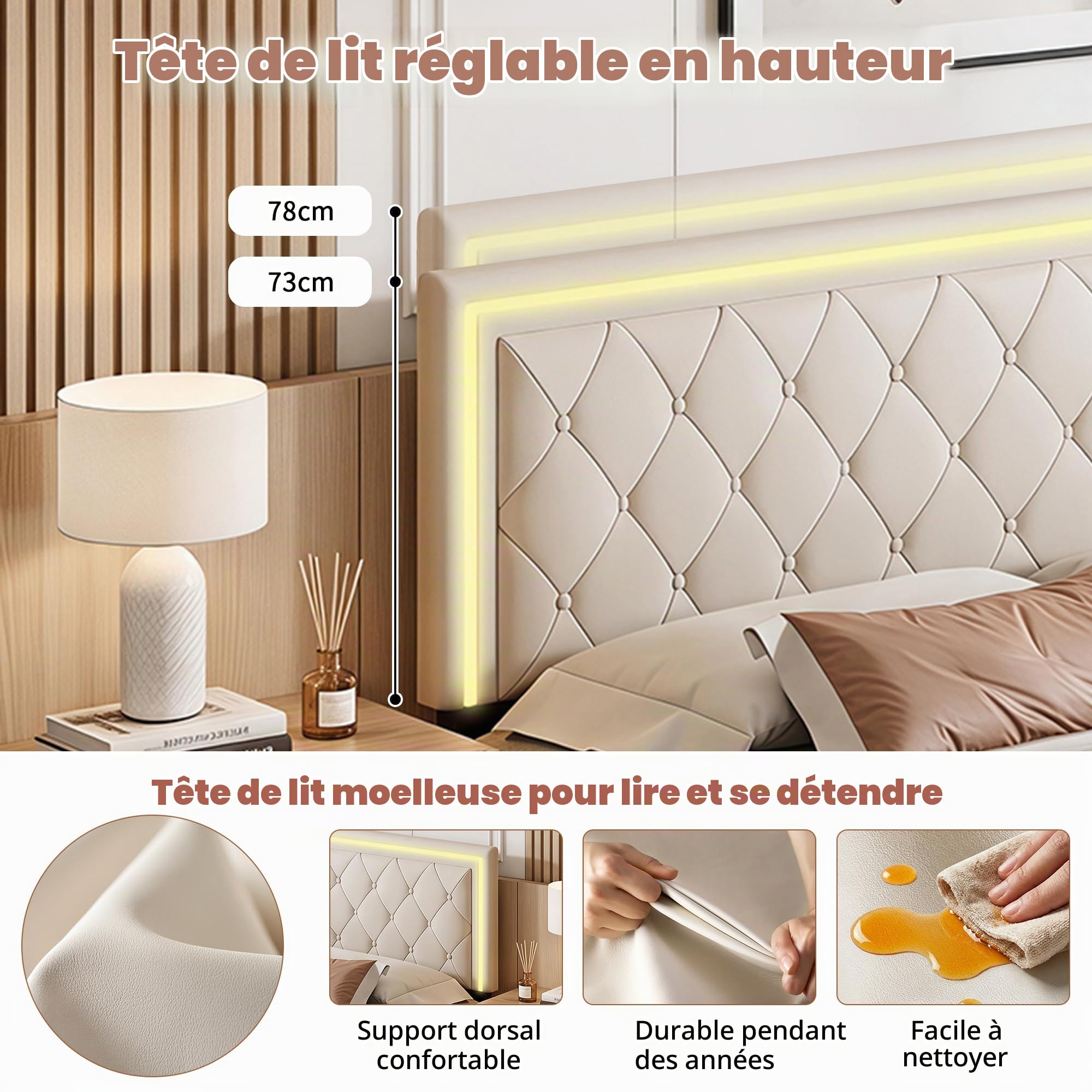 BRILVERDE Lit Double 160x200 avec sommier et Rangement, avec LED, Lit Coffre avec tête de lit et 4 Tiroirs, pour Adultes et Adolescent, PU (Beige, 160 x 200 cm)