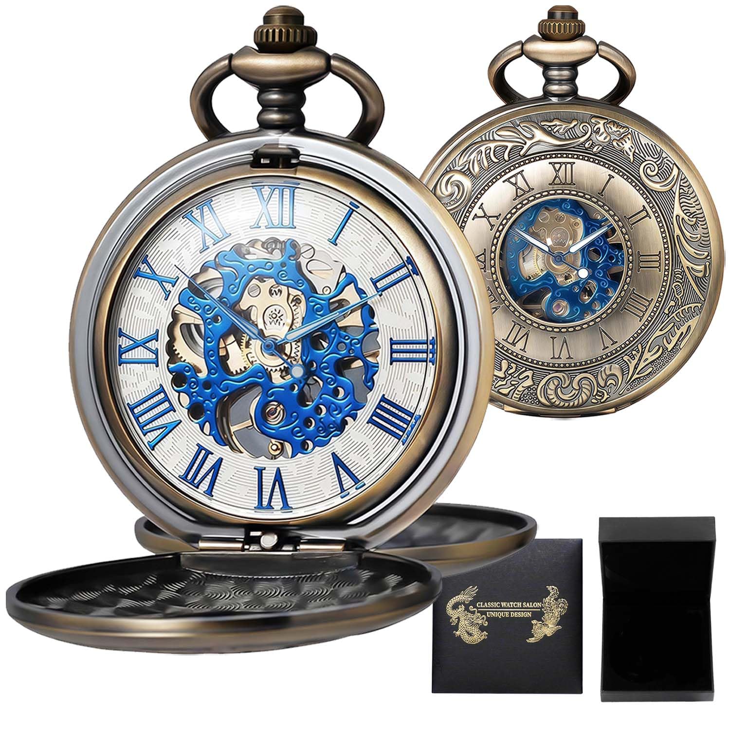 Mechanical Roman Numerals Dial Bronze Skeleton Pocket Watches with Box and Chains for Mens Women-image-20