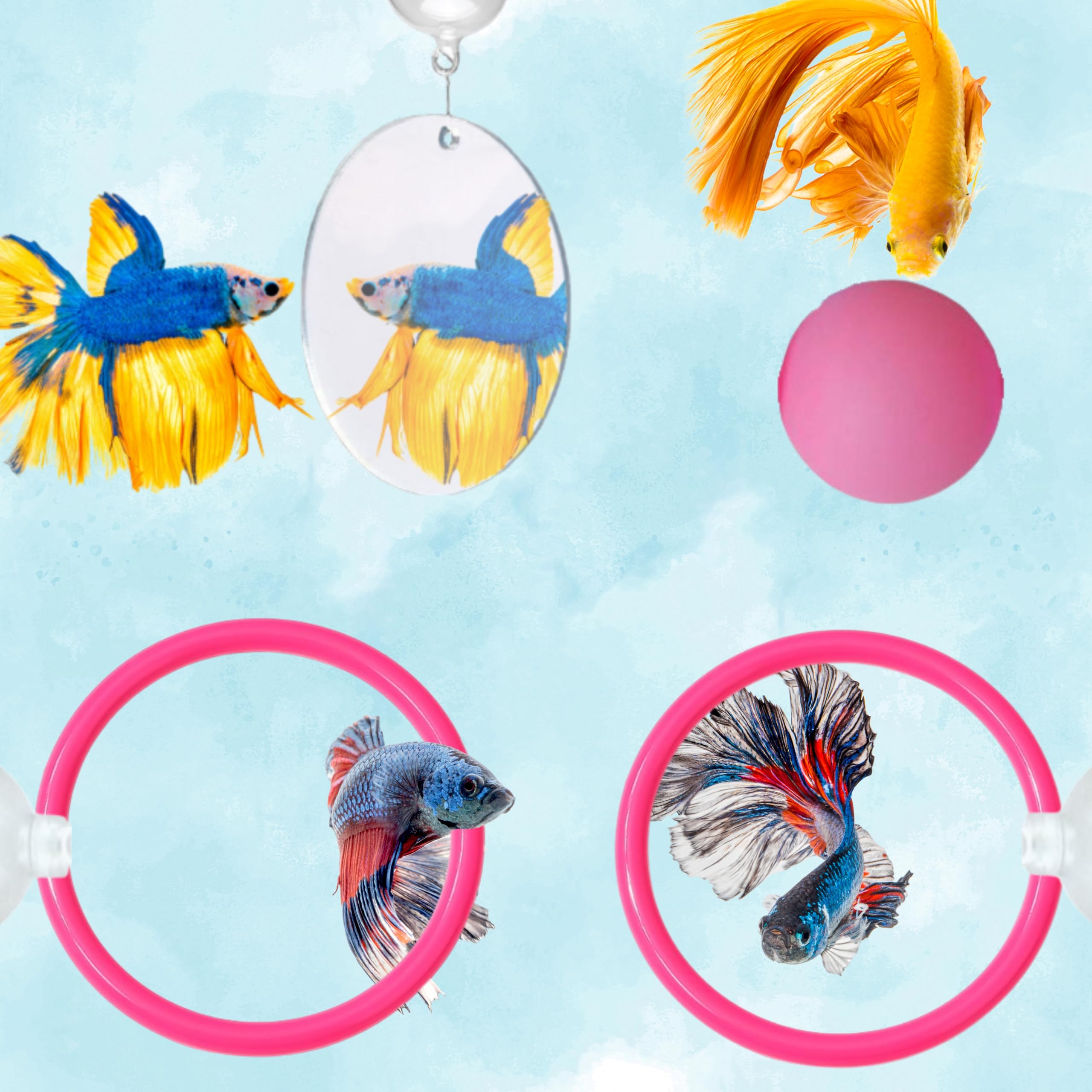 Betta Fish Enrichment Toys Ring with Mirror and Floating Ball, Exercise Mirrors and Training Ring, Floating Mirrors Aquarium with Feeding Rings, Betta Fish Tank Accessories (Pink+Mirror+Ball, 6.4cm)