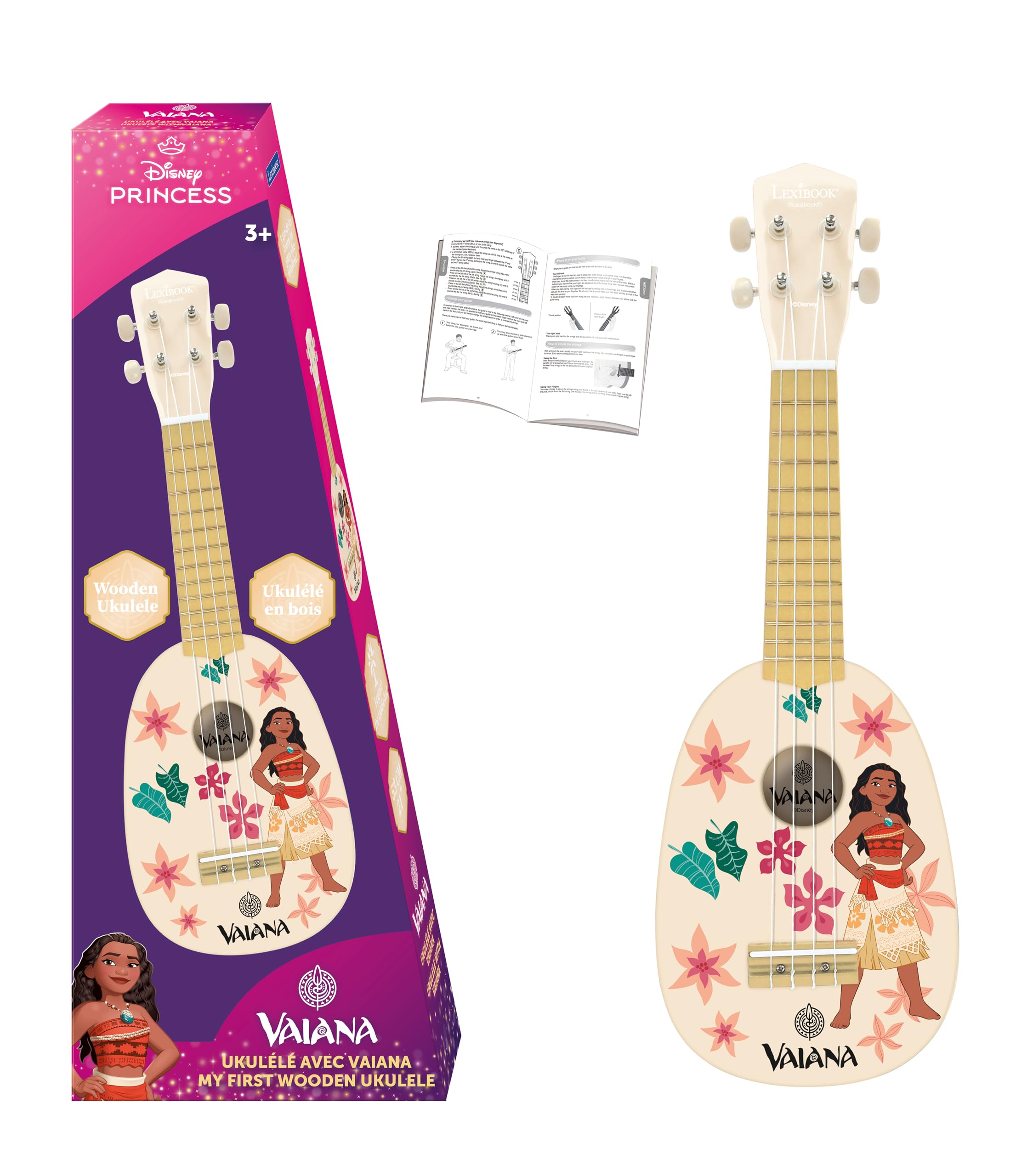 Lexibook, Disney Moana, My First Wooden Ukulele, 4 Nylon Strings, 53 cm, Guide Included, Blue, K230VN