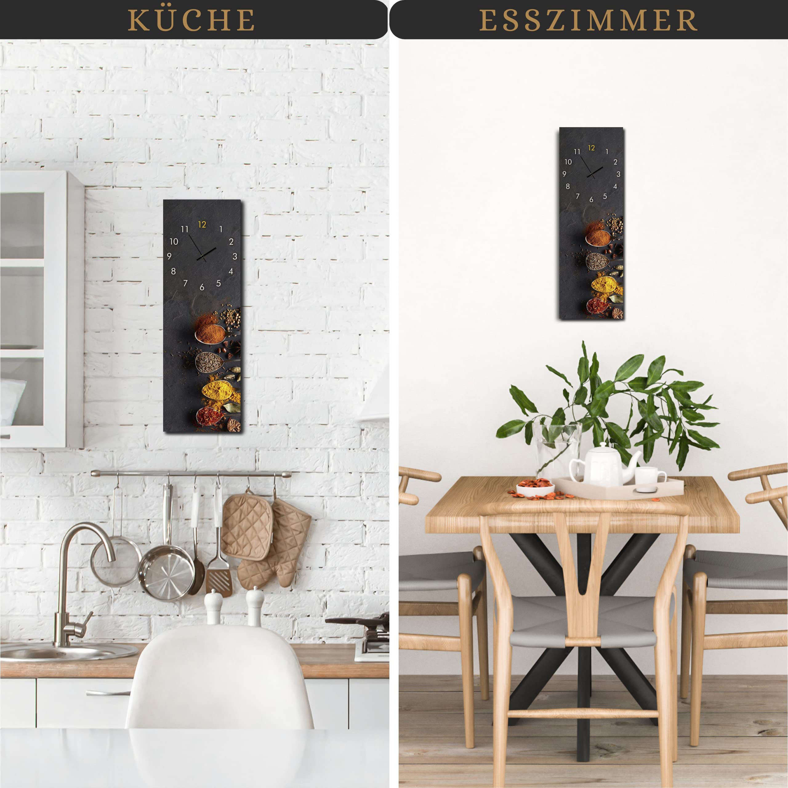 Wanduhr Spices & Spoons 20 x 60 cm | lautlose Uhr aus Glas Made in EU - Glasuhr inklusive Wandaufhängung - Wanduhr ohne Tickgeräusche mit Metallzeiger | Küchenuhr Küche | eckig | analog modern