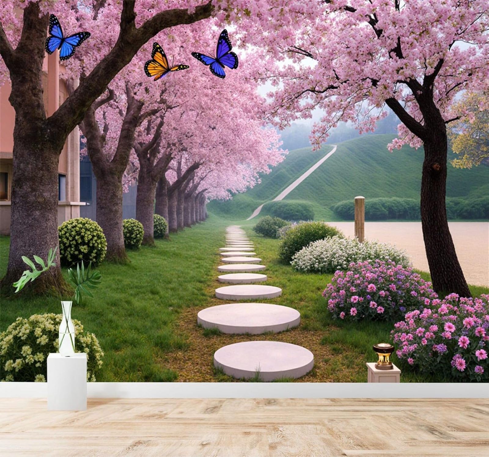 XLMING Cherry Blossoms Path Butterflies Spring Garden 3D Wallpaper Silky Texture Home Study Office Grey Dining Room Sofa Bedroom Living Room TV Backdrop-300cm×210cm