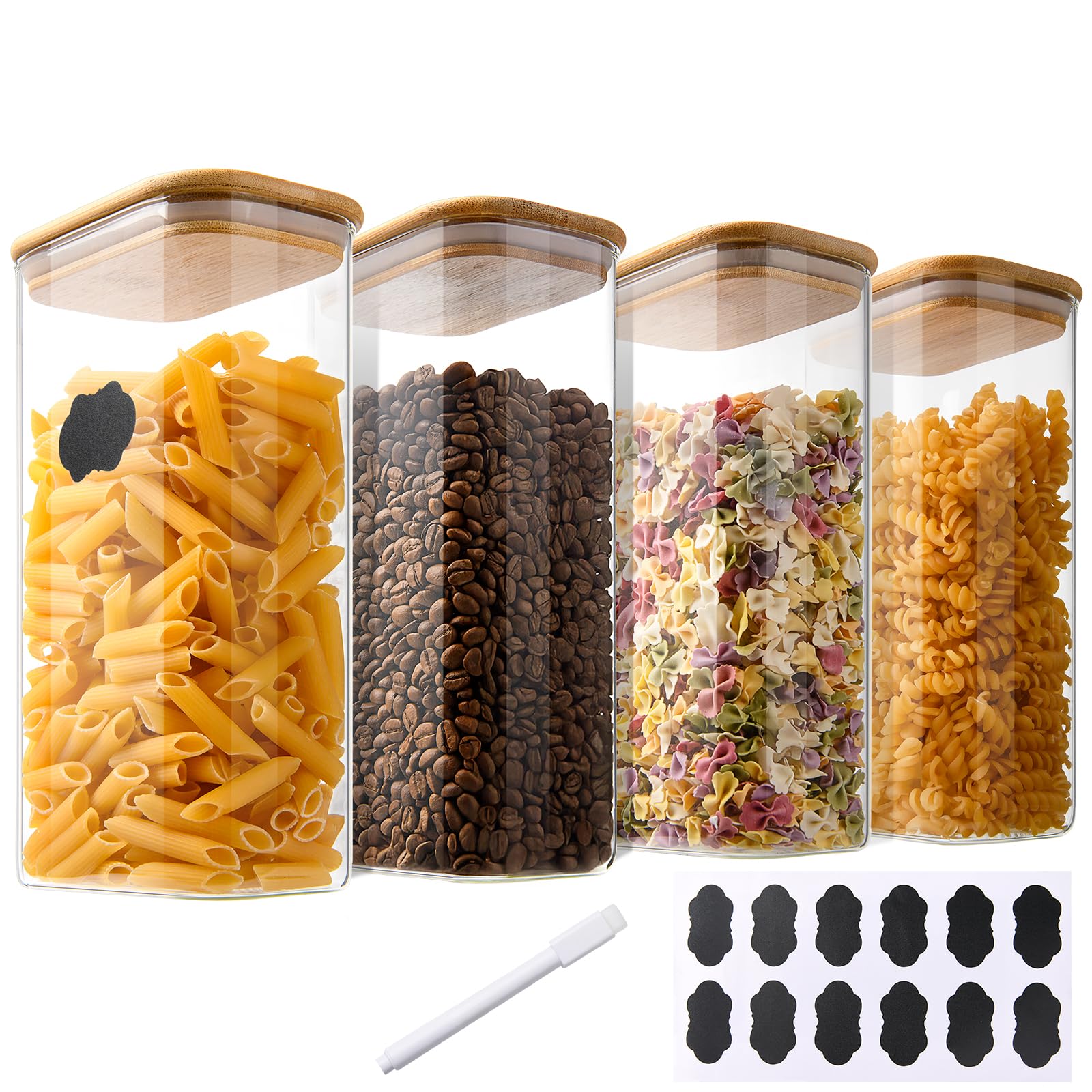 YBCPACK 1600ml Glass Jars with Bamboo Lids, Square Cereal Storage Containers with Sealing Lid, Pen, Label, Glass Food Storage Containers for Pasta Flour, Rice, Sugar, Tea, Coffee Beans（Set of 4）