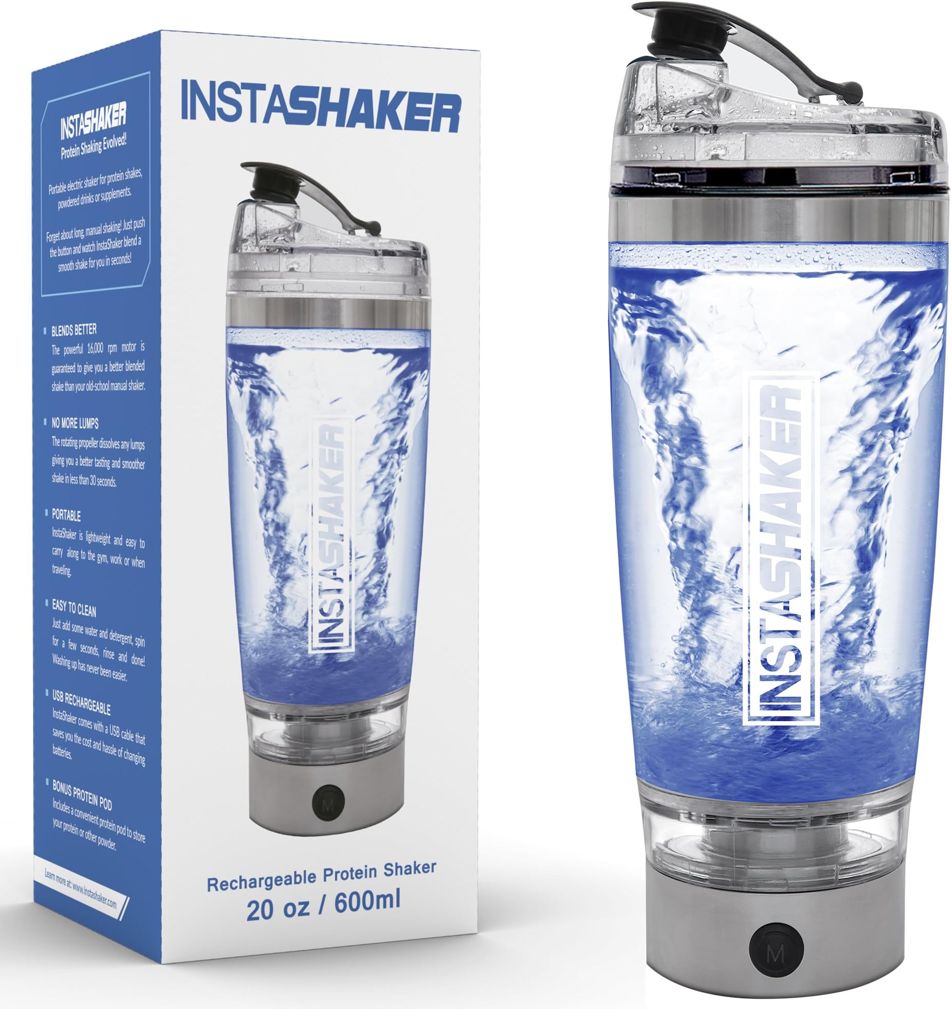 InstaShaker (2018 Model) Protein Shaker Bottle - Electric Protein Blender 20 oz | Vortex Mixer Cup | USB Rechargeable | Integrated Powder Storage Container |