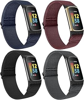 Huamanlou Elastic Nylon Bands Compatible with Fitbit Charge 5 Bands for Women Men, Soft Loop Adjustable Sport Bracelet Strap Replacement Wristbands for Fitbit Charge 5 Advanced Fitness Tracker, 4 Pack