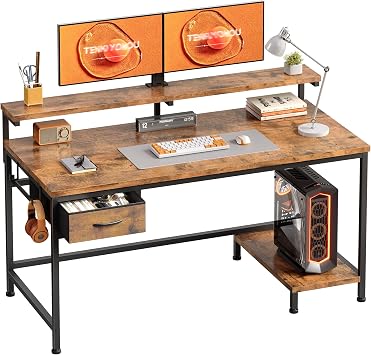 Computer Desk with Drawers, Ergonomic Design, Rustic Brown | Steel Frame,100x75cm,3 Level Adjustable Monitor Stand, Reversible CPU Stand,2 Headphone Hooks,compact,Home Office Work