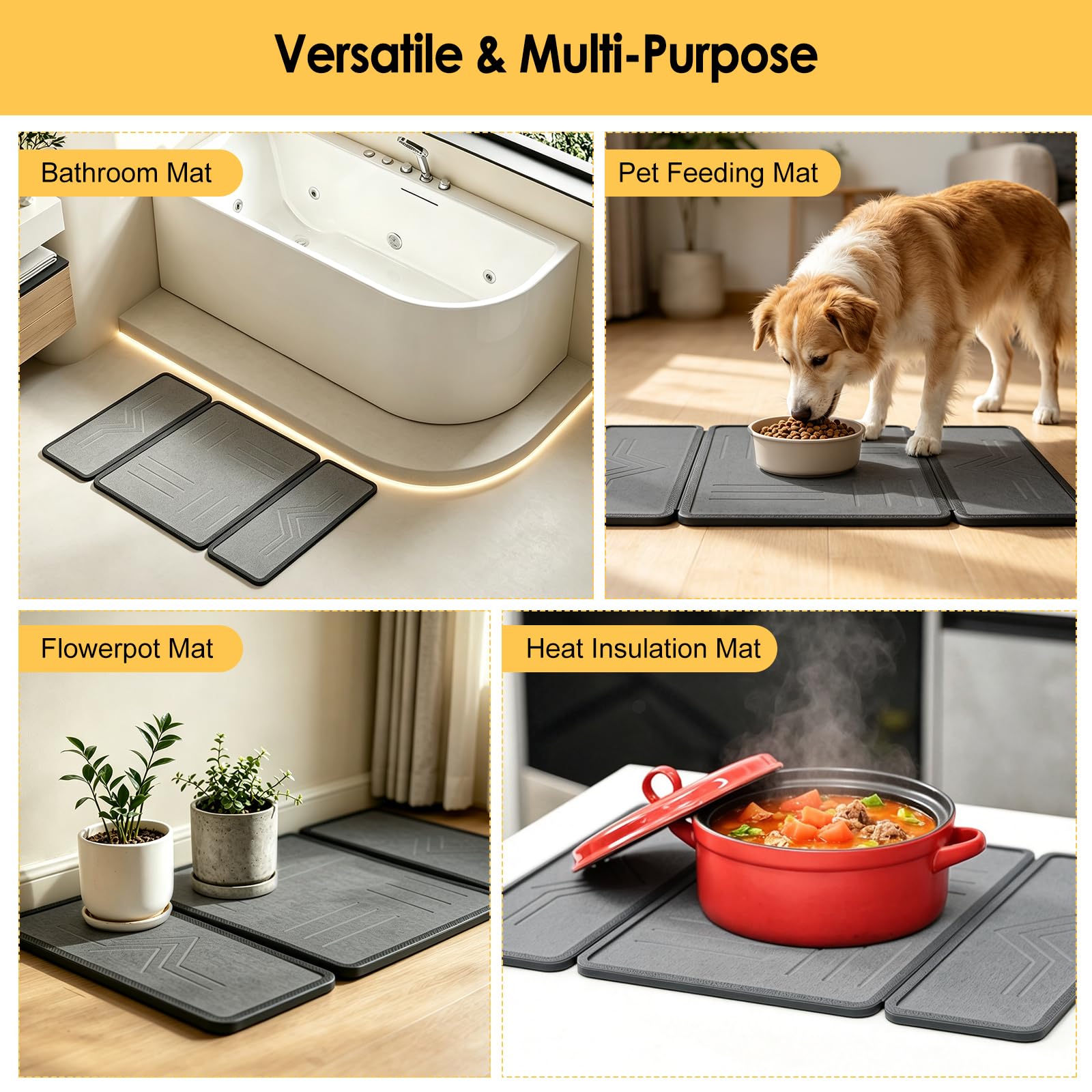 KitchenRaku Tapis d'égouttement en pierre avec housse en silicone, tapis d'égouttement pliable en trois parties, ultra absorbant et à séchage rapide pour la cuisine, respectueux de l'environnement