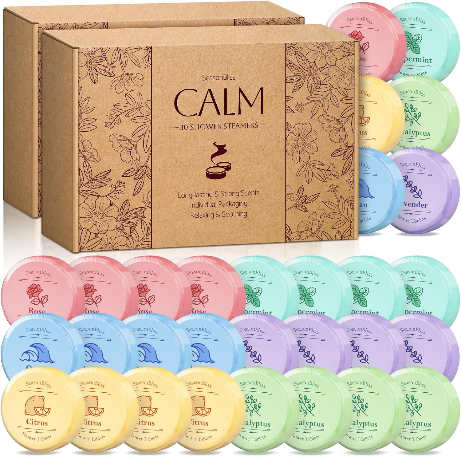 Shower Steamers 60 PCS with Individually Wrapped, Shower Bombs for Women with 6 Rich Scents, Rose Peppermint Citrus Eucalyptus Ocean Lavender, Valentines Birthday Mother's Day Present for Mom Wife Men