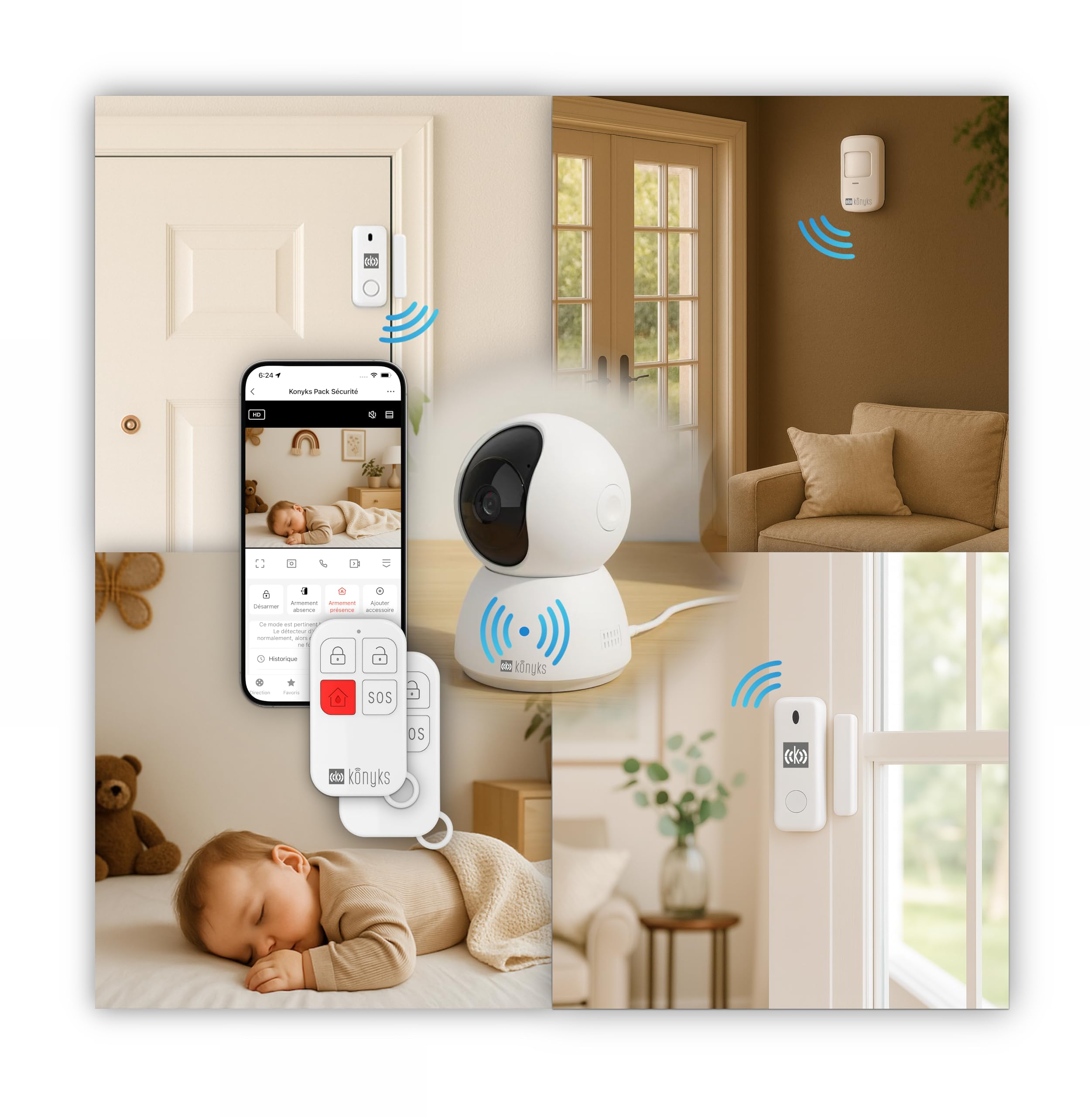 Pack sécurité, 1 Caméra WiFi intérieure motorisée 4 MP et Hub système d'alarme + 2 détecteurs d'ouverture + 1 détecteur de Mouvement + 2 télécommandes