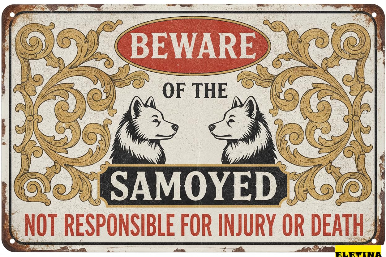 Tin Sign for Man Cave Beware Of The Dog Samoyed Aluminum Metal Tin S Outdoor Yard Warning Fence Yard Home Kitchen Farm Garden Wall Decor 8x12 Inch Private Property Decorative