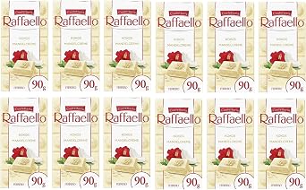 12 x Ferrero Raffaello Crema di Mandorle e Cocco Filled White Chocolate with Almond Cream and Coconut 90 g Bar