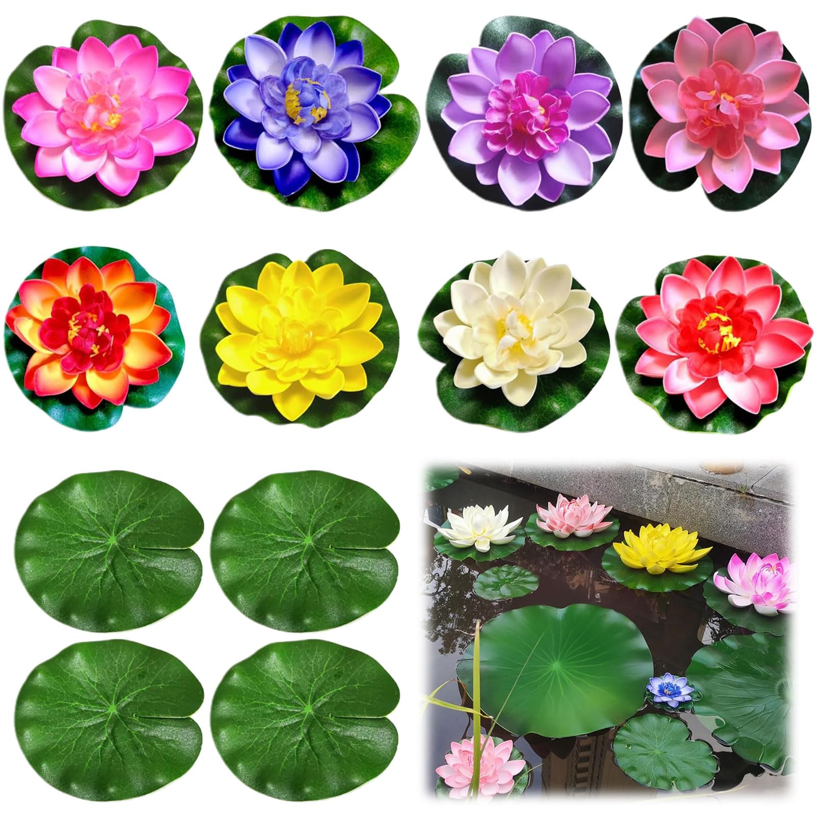 8 fiori di loto artificiali realistici con 4 foglie di loto, 8 colori artificiali Seerosen Deco ideali per acquario, giardino, decorazione stagni e fontane