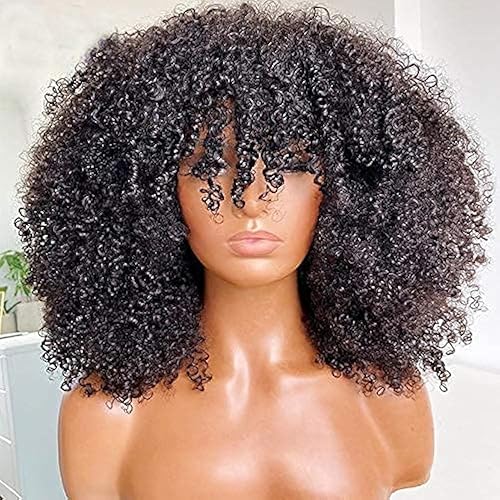 Afro rizado rizado peluca con flequillo completo cuero cabelludo hecho a máquina peluca superior 200 densidad brasileño corto rizado pelo humano