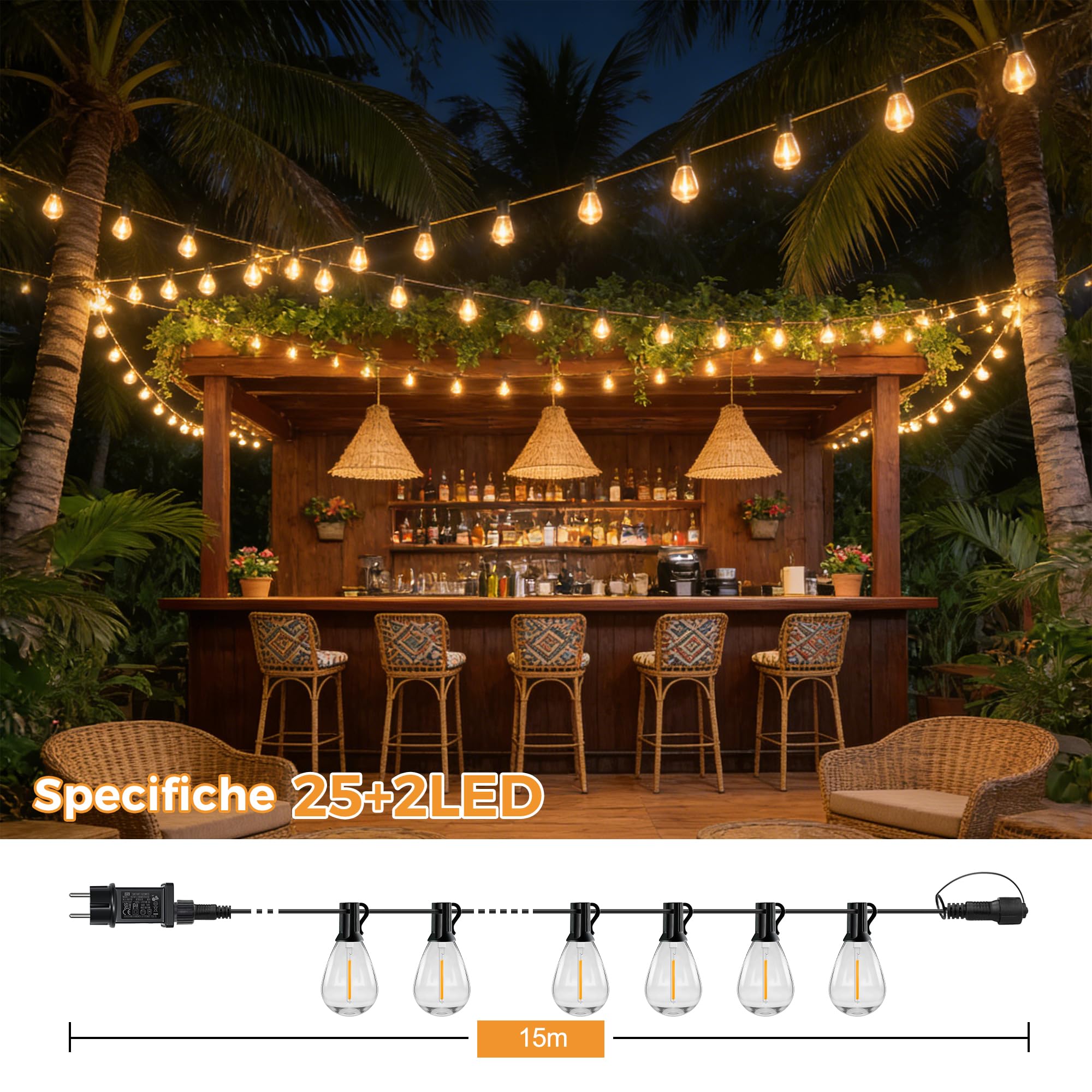 HeiPard 15M Catena Luminosa Esterno con Telecomando RF, 25+2 Lampadine LED S11 Infrangibili, Luci da Esterno Giardino Dimmerabili Impermeabili IP45, Decorazioni per Gazebo e Patio, a Corrente
