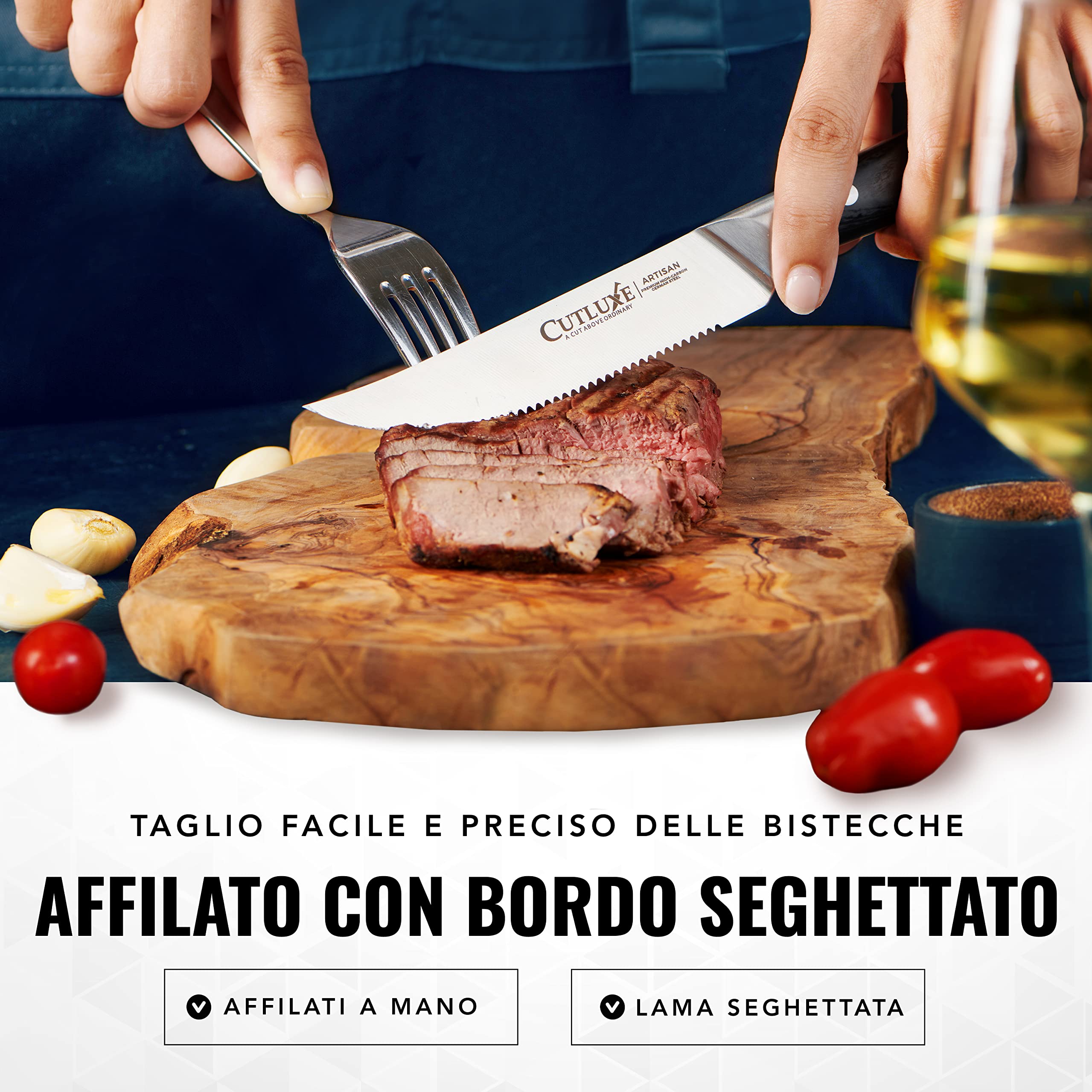 Cutluxe Set Coltelli Da Tavola – Coltelli da Bistecca Seghettati, 6 Pezzi – Coltelli Carne in Acciaio Tedesco al Carbonio, Lama Intera, Manico Ergonomico – Serie Artigianale
