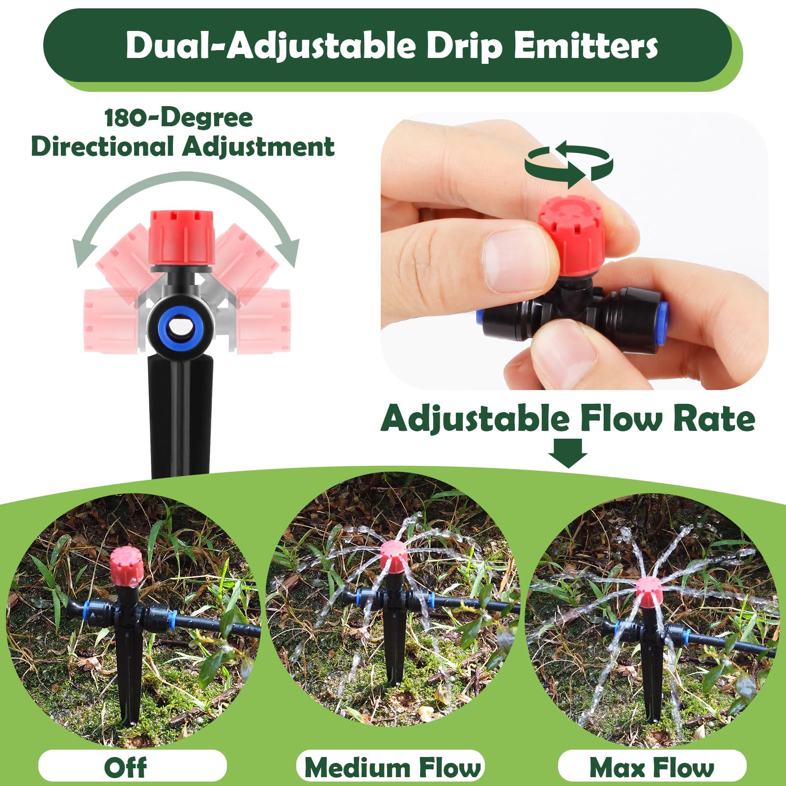 Kit de 21 emisores de riego por goteo ajustables (8 agujeros), conexión rápida para tubos de 1/4 pulgadas, sistema de ajuste dual, goteros fáciles de instalar para un riego preciso del jardín de