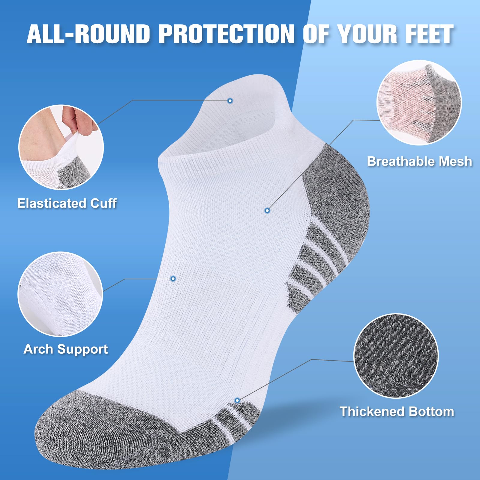 Cirorld Calzini Sportivi Corti Uomo, Calze Donna Corte, Estivi per Corsa e Trekking, Calzini Running in Cotone e Spugna Traspiranti, Antiodoranti Taglio Basso, 6 Paia, Bianco Nero Grigio