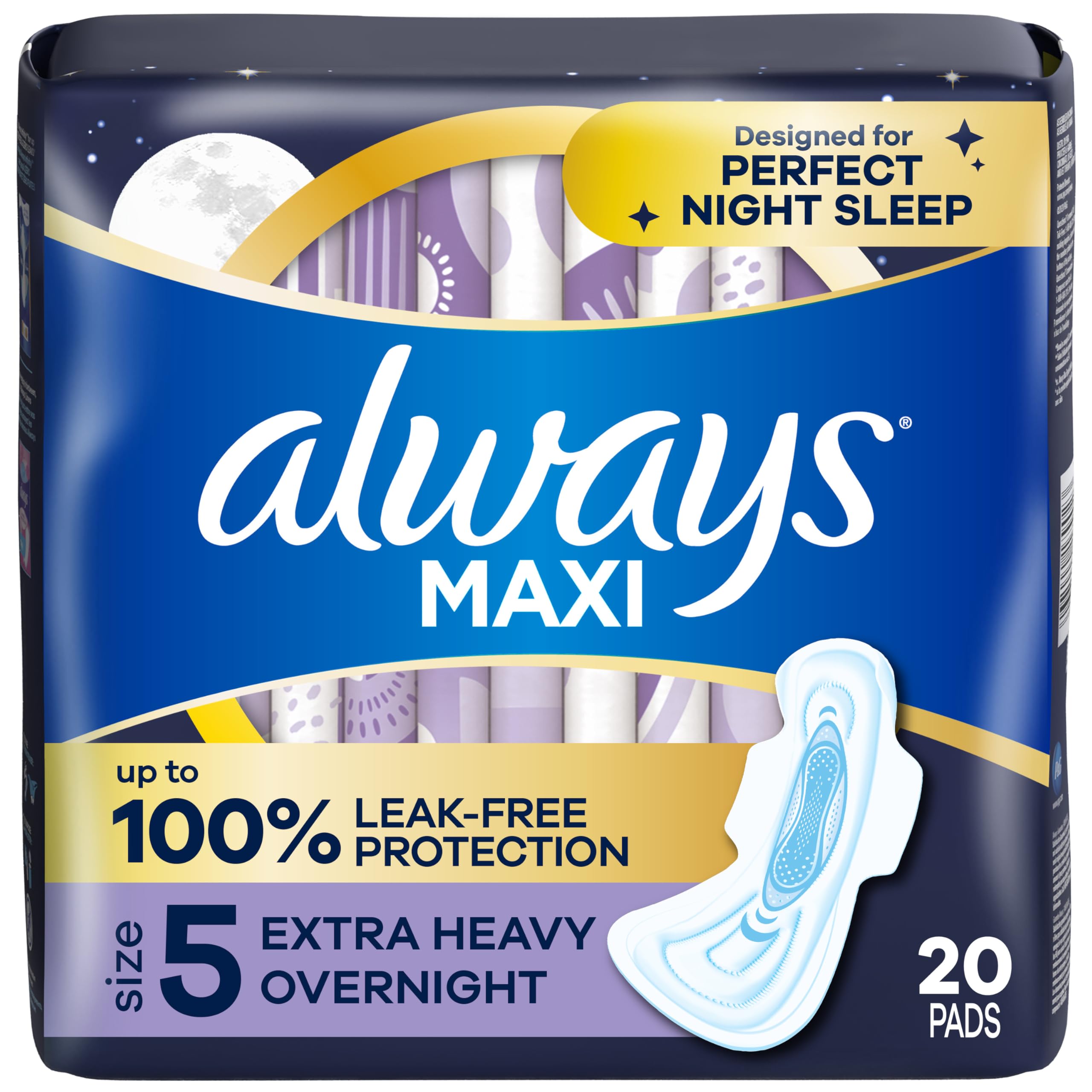 AlwaysMaxi Feminine Pads for Women, Size 5 Extra Heavy Overnight Absorbency, with Wings, Unscented, Pack of 20