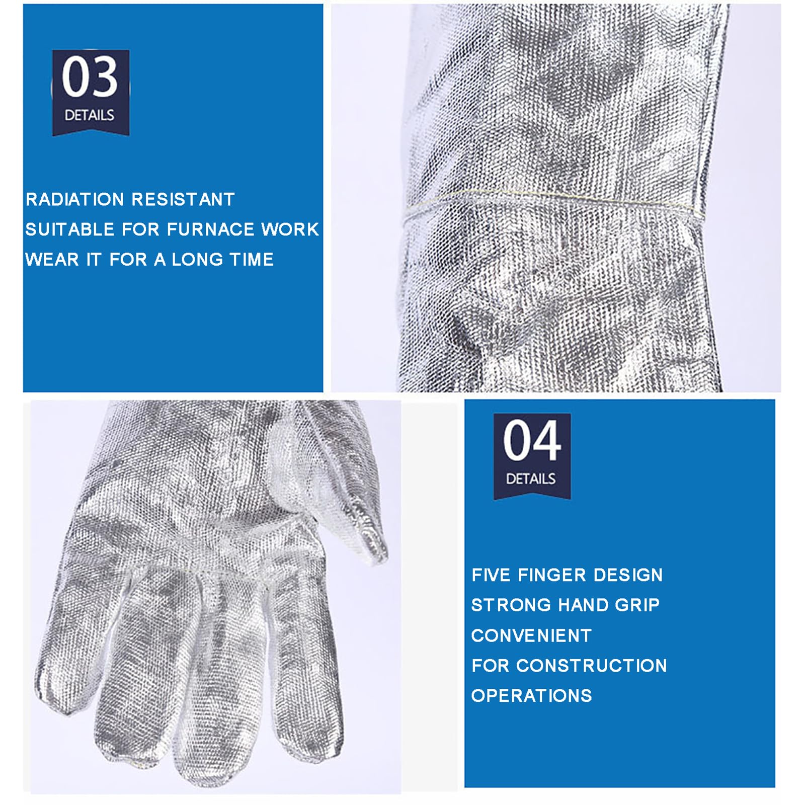 2 pares de guantes aluminizados de alta temperatura, resistentes a temperaturas de 500 ℃, resistentes al calor, para soldar, de seguridad, para acería, fundición, chimeneas, barbacoas y jardinería