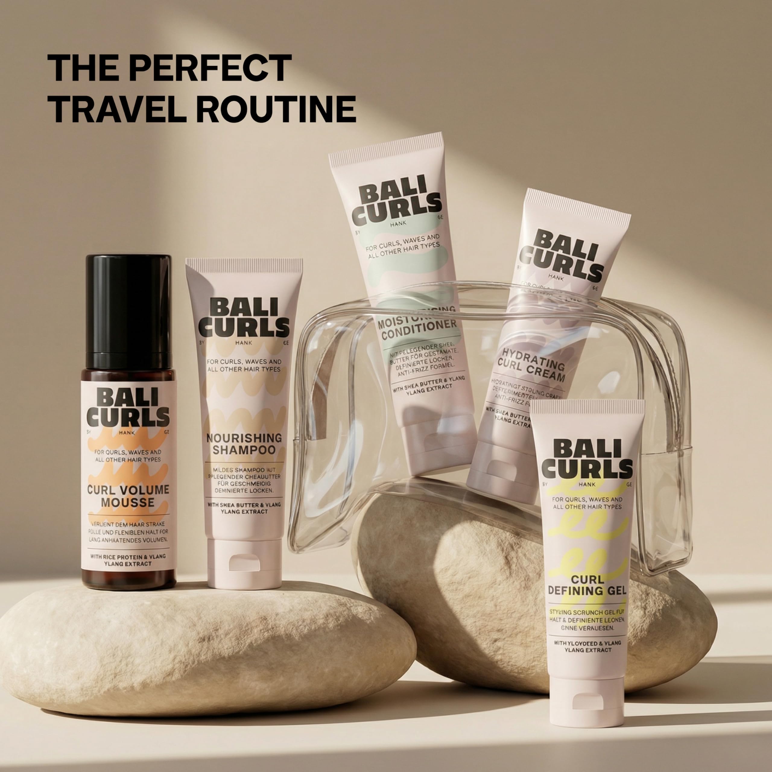 BALI CURLS Curl Travel Kit de 5 – Tailles de voyage pour des boucles définies et saines – Shampoing, après-shampoing, crème curl, gel de finition et mousse – Kit d'entretien compact pour les voyages