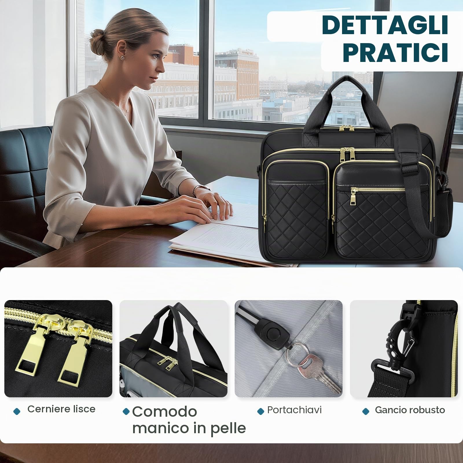 RAINSMORE Borsa Porta PC 17.3 Pollici Borsa Lavoro Donna Impermeabile Borsa Computer Grande Borse Messenger Porta Documenti per Ufficio Università Insegnant Nero