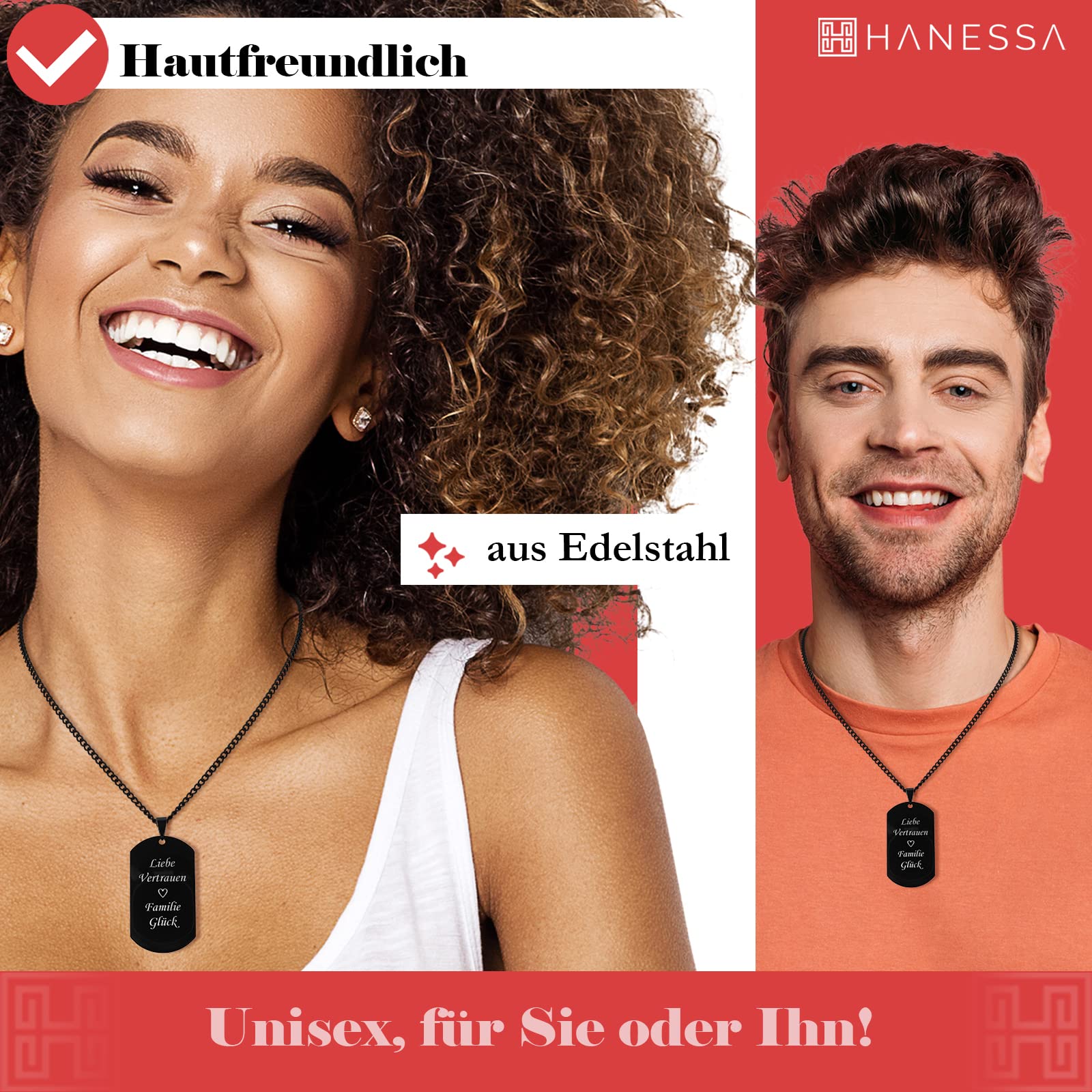 Personalisierte Kette mit Gravur Edelstahl 57 cm mit Anhänger Dog Tag in schwarz - Personalisierte Halskette für Männer und Frauen - Personalisierter Schmuck Damen Herren