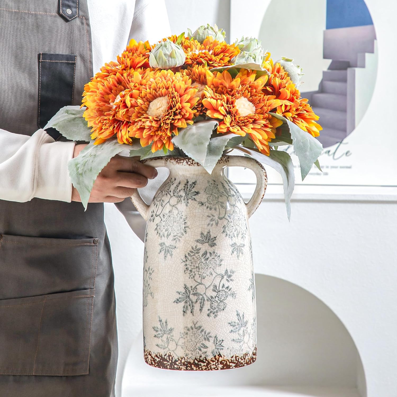 Enra Tall Vintage Blue and White Ceramic Vase with Handle, 11.2 Inch Chinoiserie Decorative Floral Vase, Large Rustic Ceramic Vase for Living Room, Office, Bookshelf, Home Decor - Image 3