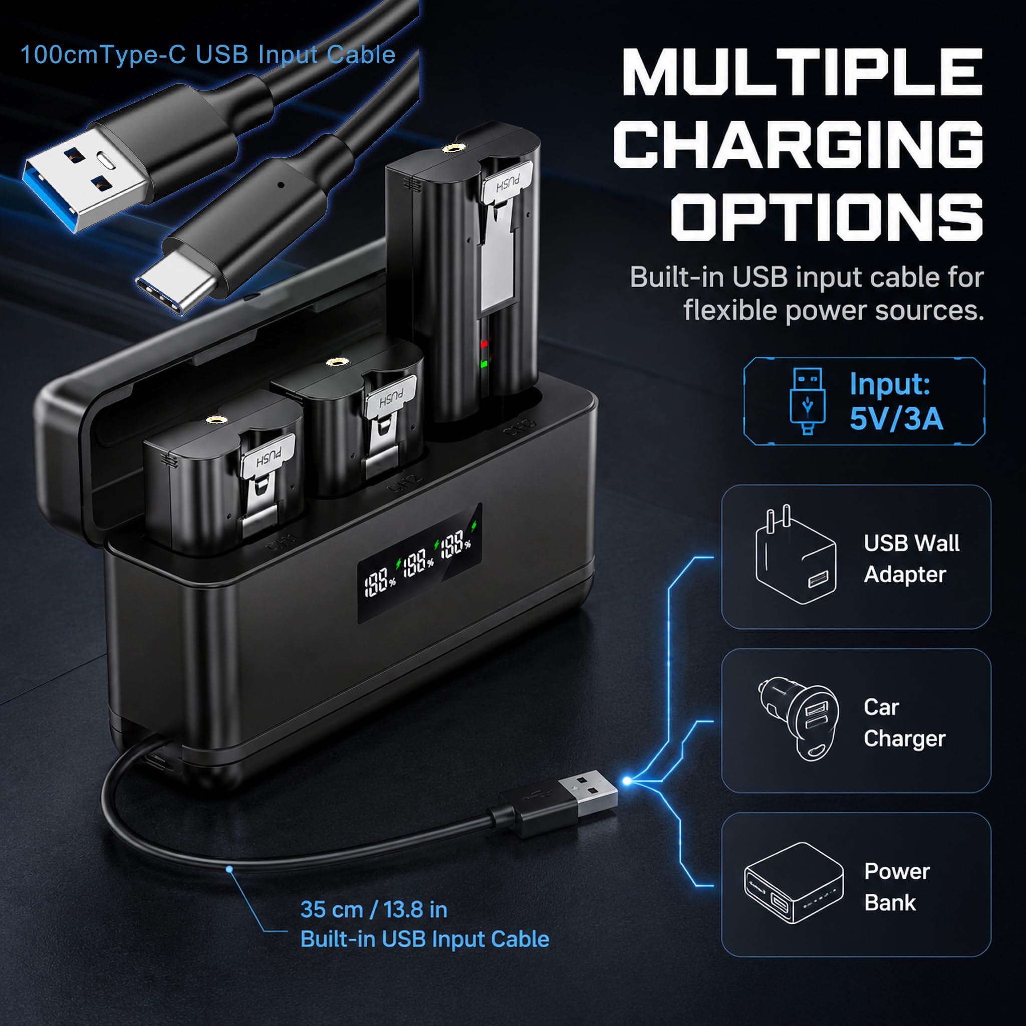 Kit caricabatterie a 3 scomparti, confezione da 2 batterie di ricambio ad alta capacità da 6040 mAh 3,65 V per campanello ad anello, stazione di ricarica con display a LED, per campanello ad anello 2